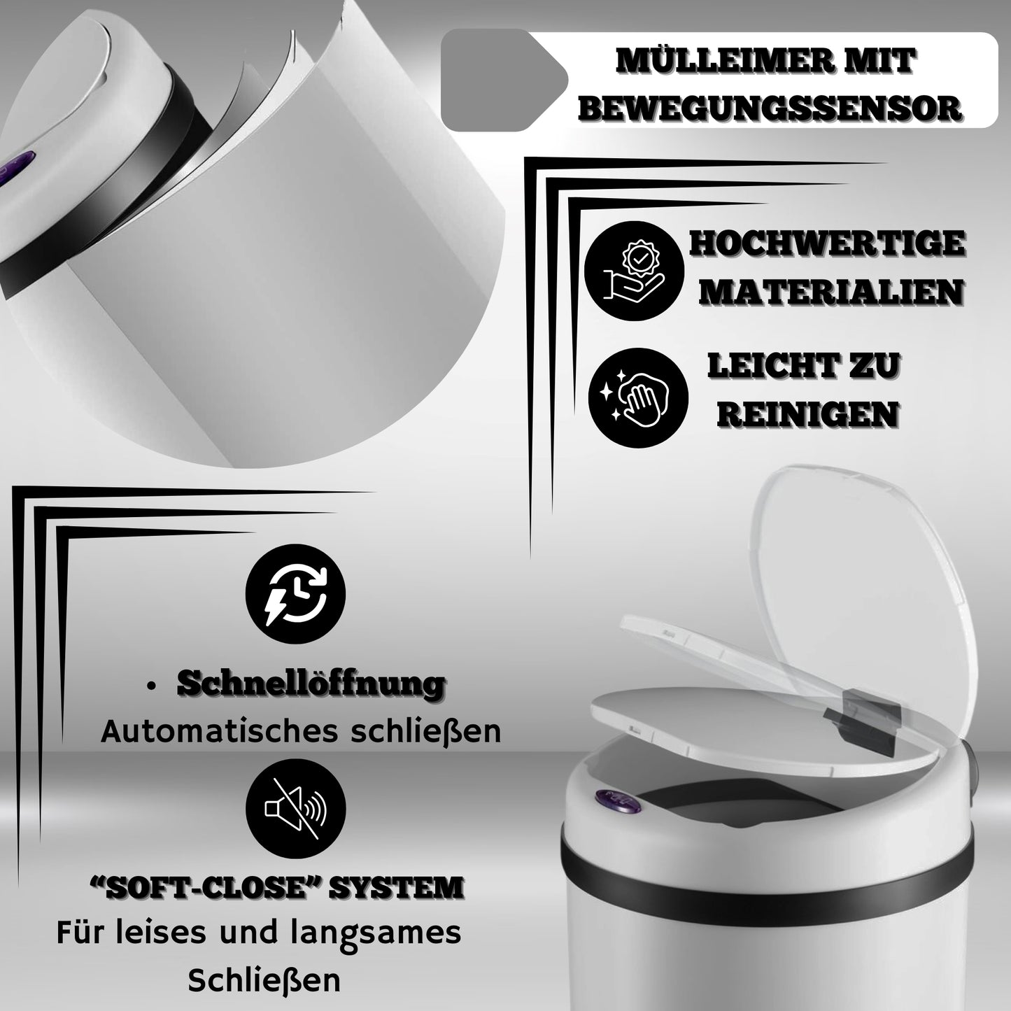 DIVID® Sensor Mülleimer Küche 30L, 40L & 50L | Elektrischer Abfallbehälter | Müllbeutel Klemmring | Bewegungserkennung | Automatisch schließender Deckel | Auslaufschutz | Küchenmülleimer