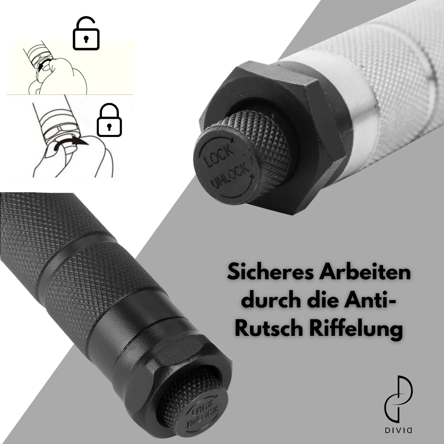 DIVID® Drehmomentschlüssel, 6-teiliges Set inkl Aufbewahrungsbox, inkl 3 Stecknüssen und Verlägerung, TÜV Süd GS 1/2" Zoll CrV
