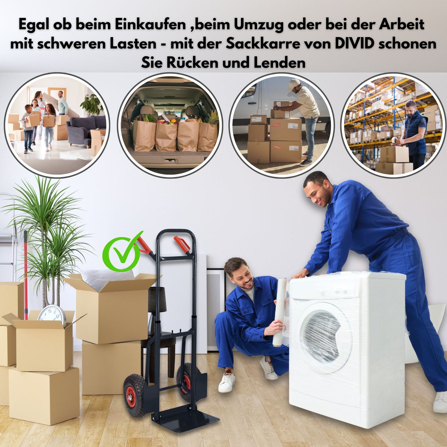 DIVID® Klappbare Sackkarre max. 200Kg, Stahl, ergonomisch Transporter für Umzüge, Lager und Einkäufe