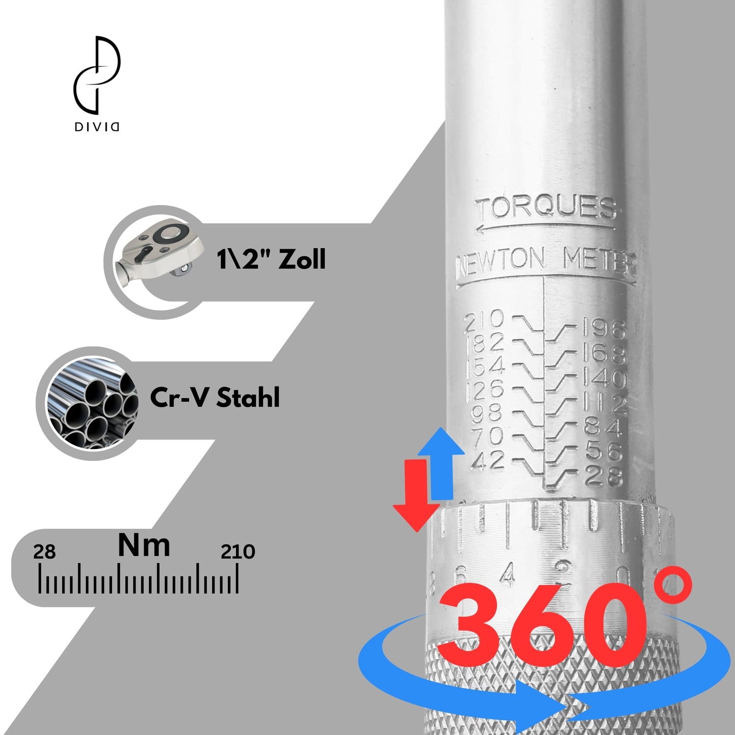 DIVID® Drehmomentschlüssel, 6-teiliges Set inkl Aufbewahrungsbox, inkl 3 Stecknüssen und Verlägerung, TÜV Süd GS 1/2" Zoll CrV