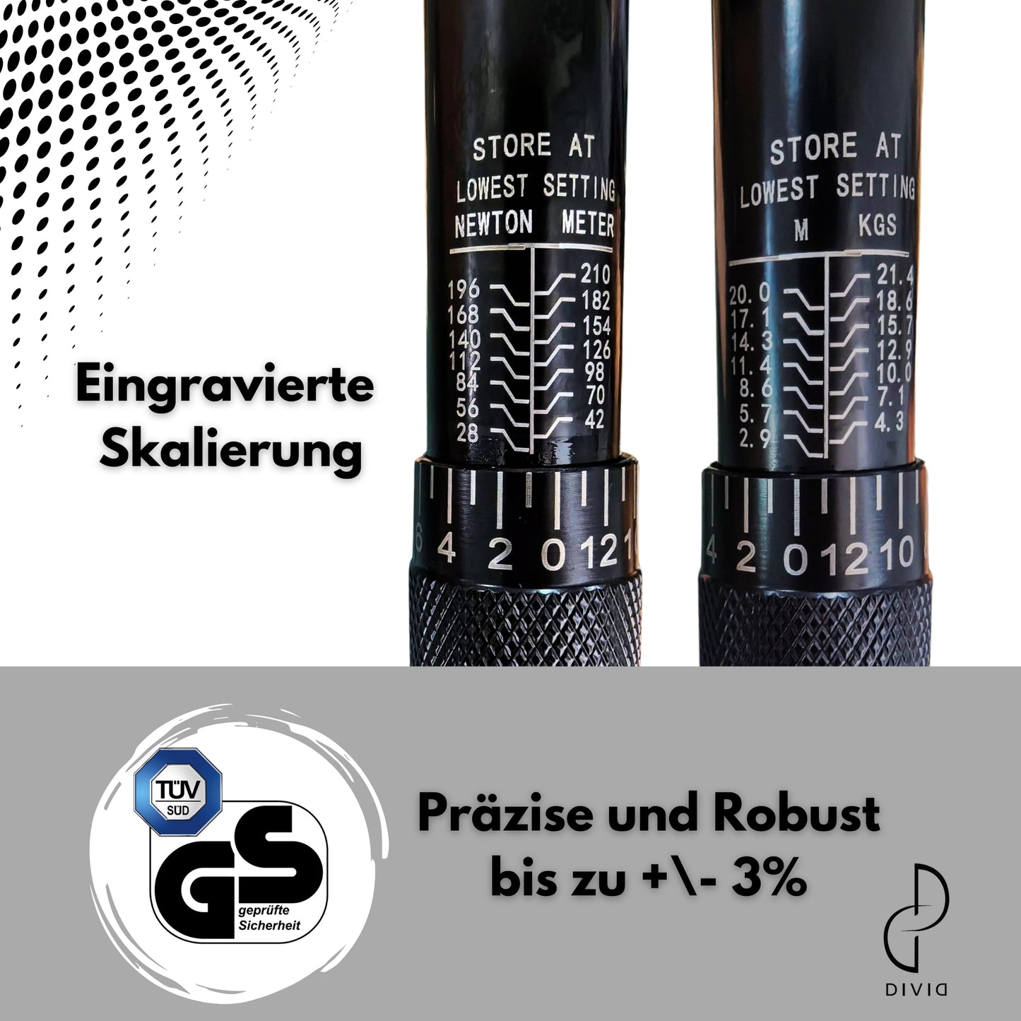 DIVID® Drehmomentschlüssel, 6-teiliges Set inkl Aufbewahrungsbox, inkl 3 Stecknüssen und Verlägerung, TÜV Süd GS 1/2" Zoll CrV