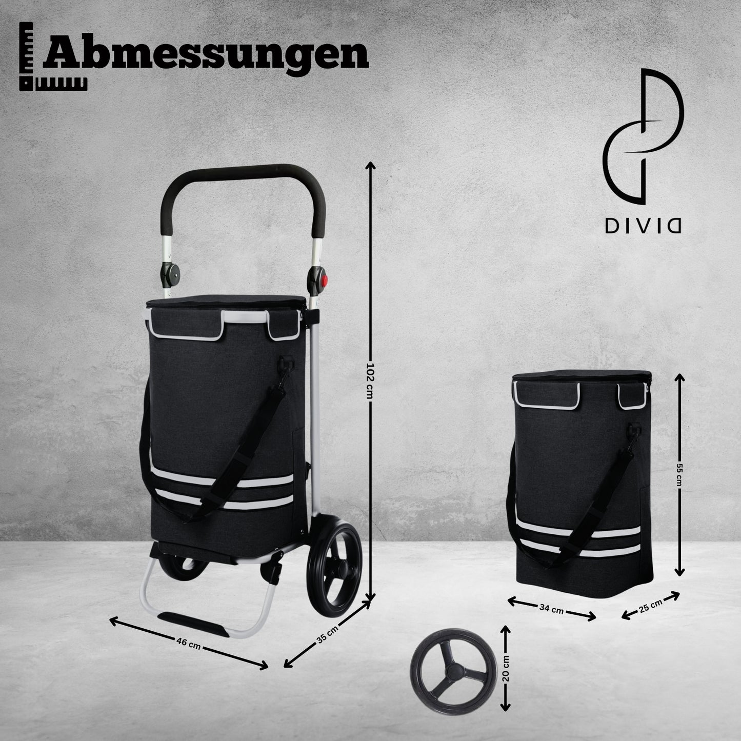 DIVID® Einkaufstrolley mit integrierter Sackkarre, 56LFassungsvermögen bis zu 50Kg belastbar,Klappbar,Umhängetasche und Kühlfach, Faltbarer Einkaufswagen