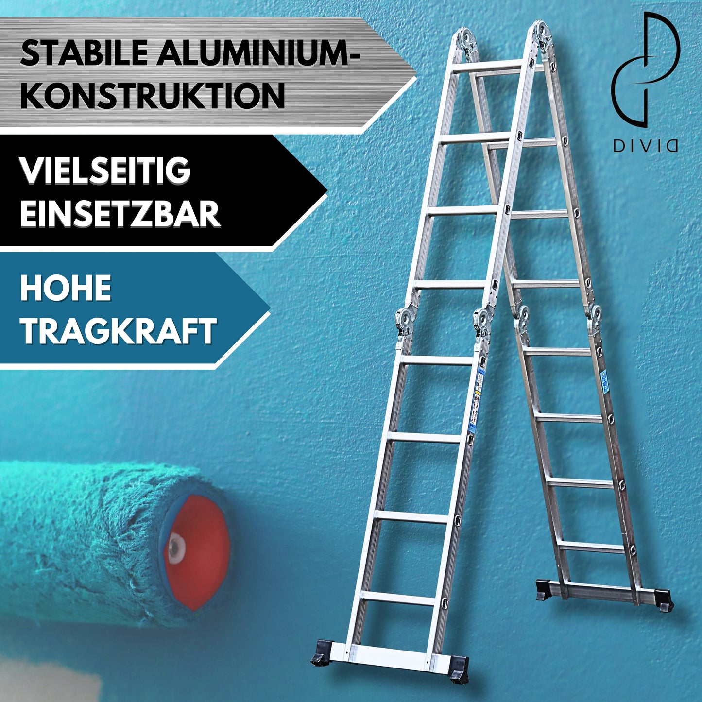 DIVID® Aluleiter 3,6 Meter & 4,7 Meter | Leiter klappbar | Gelenkleiter | Multifunktionsleiter belastbar bis 150Kg | Mehrzweckleiter | Klappleiter | Stehleiter ausziehbar | Teleskopleiter