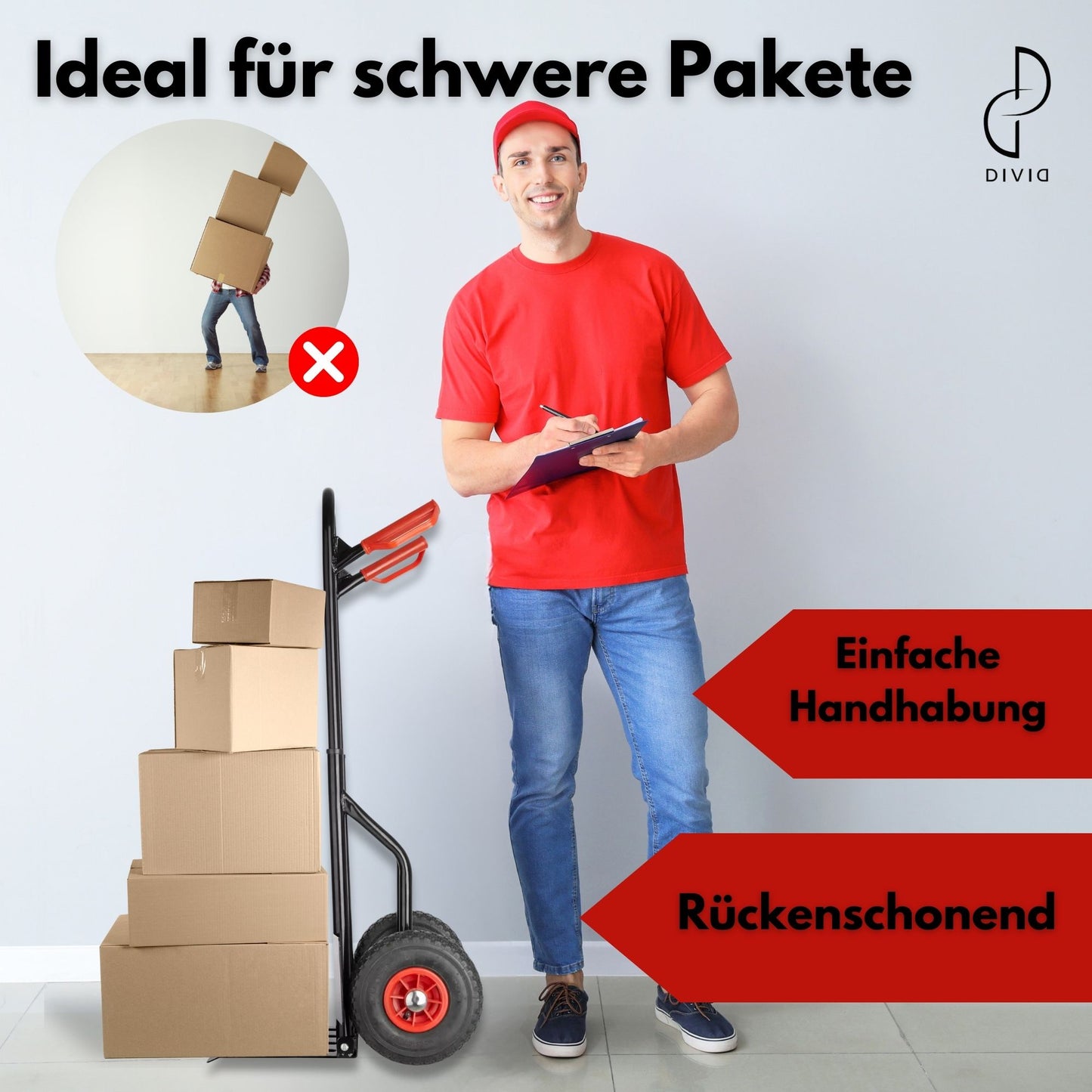 DIVID® Klappbare Sackkarre max. 200Kg, Stahl, ergonomisch Transporter für Umzüge, Lager und Einkäufe