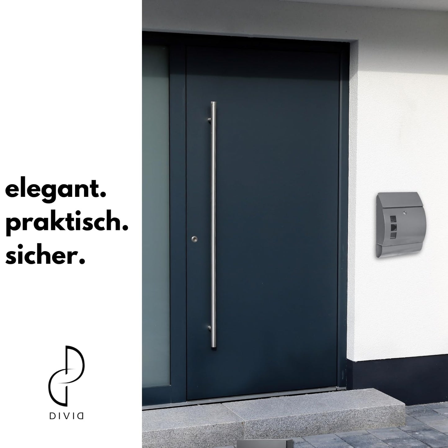 DIVID® Briefkasten (MD006) in Abgerundetem Design Curve | Wandmontage inkl Schrauben und Dübel | Wandbriefkasten inkl. 2 Schlüssel | Moderner Briefkasten zum abschließen | Edelstahl