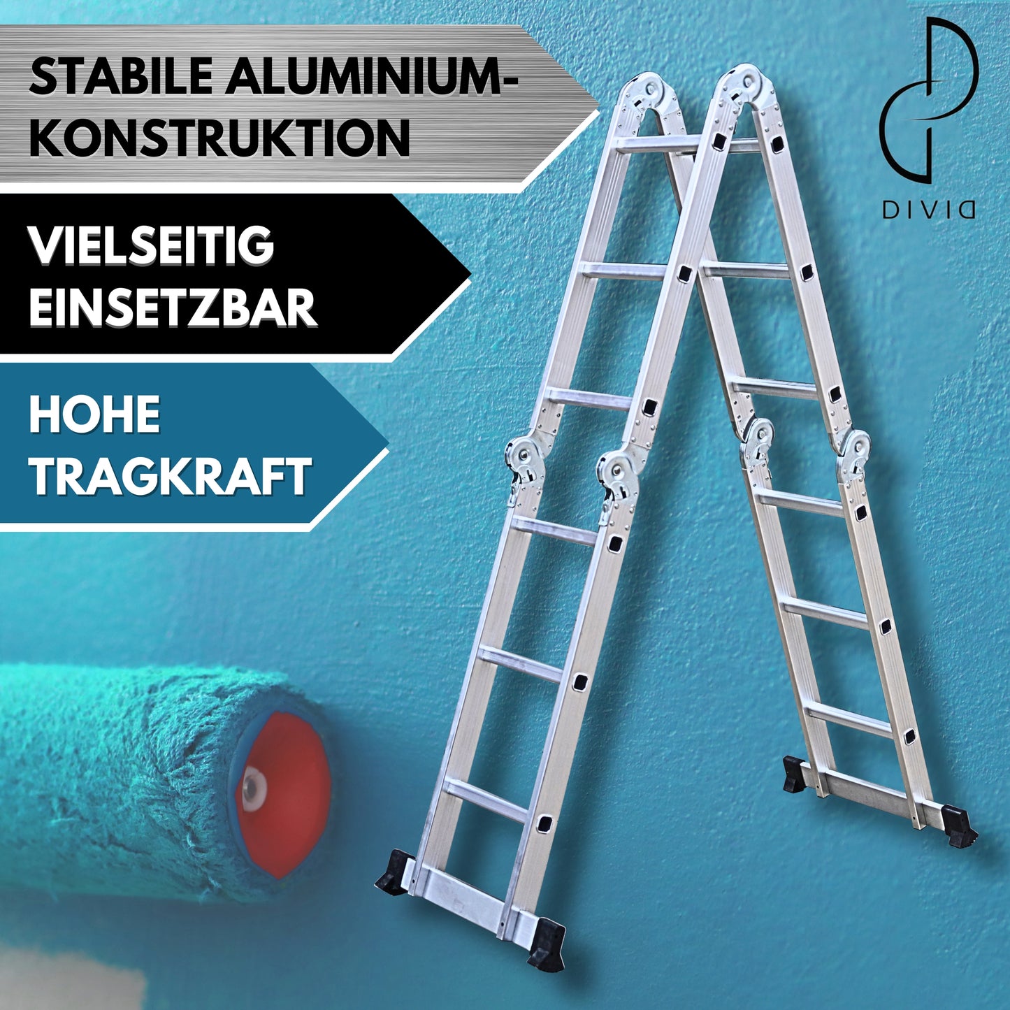 DIVID® Aluleiter 3,6 Meter & 4,7 Meter | Leiter klappbar | Gelenkleiter | Multifunktionsleiter belastbar bis 150Kg | Mehrzweckleiter | Klappleiter | Stehleiter ausziehbar | Teleskopleiter