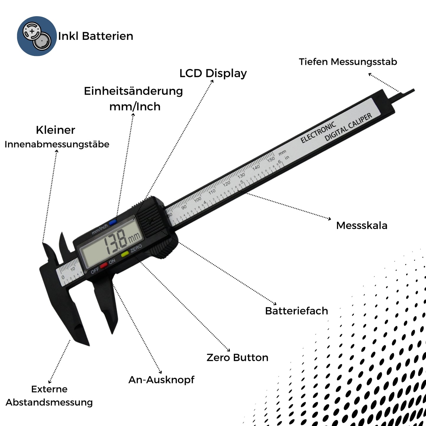 DIVID® Digitale Messschieber| 150mm/6'' Digital mit LCD Display und Batterie| professioneller messer für Innen,Außen,Tiefen und Schrittmessung|Kohlefaser schieblehre