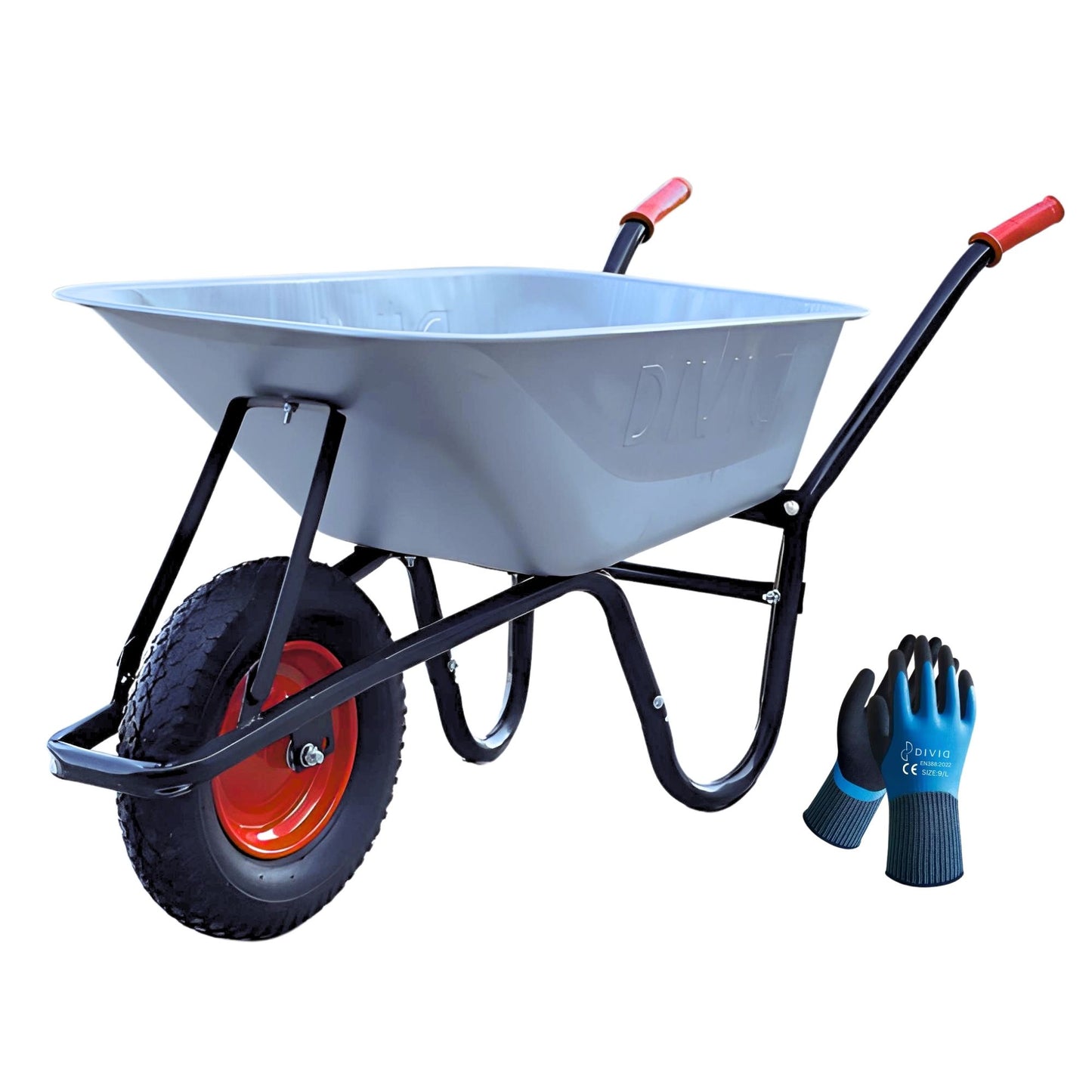 DIVID® Schubkarre 250Kg | Luftreifen mit Stahlfelgen | Schiebkarre | Bauschubkarre | Gartenschubkarre | Transportkarre mit robustem Stahlrahmen