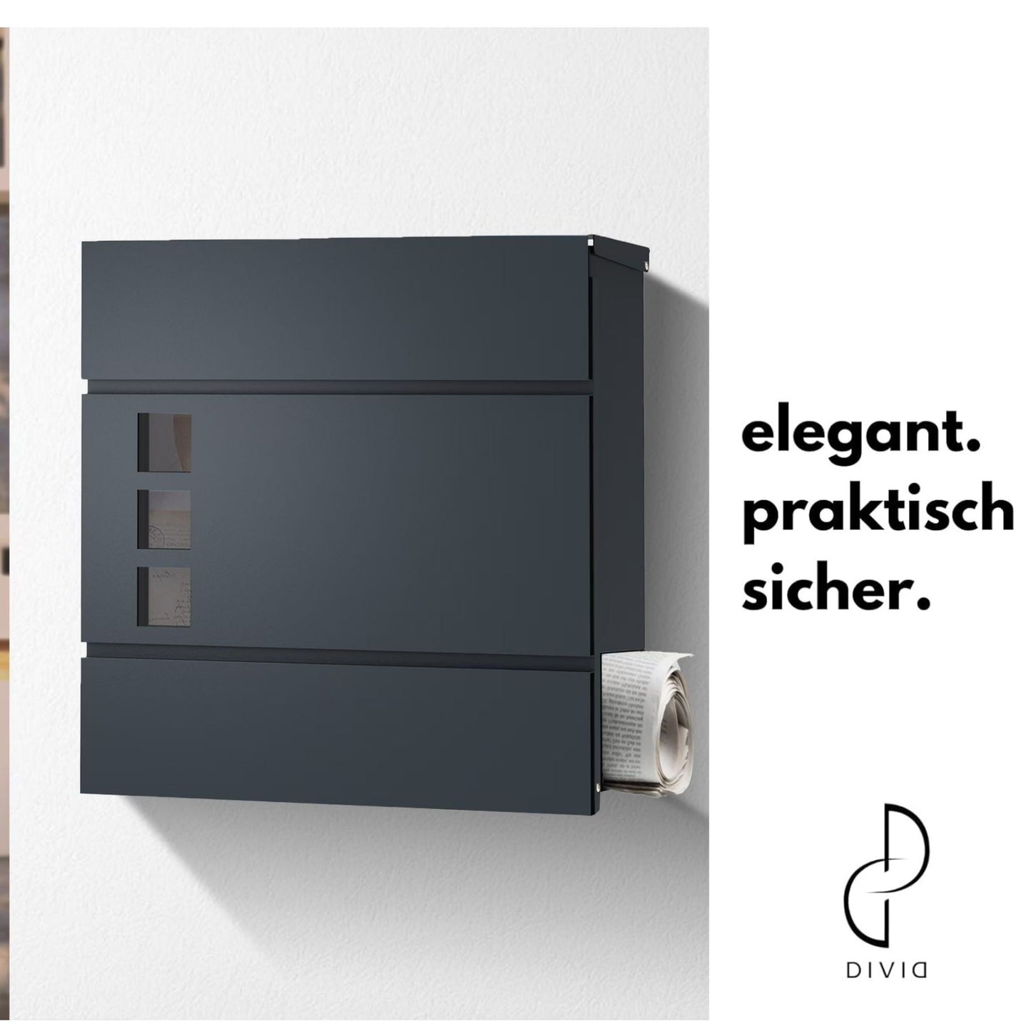 DIVID® Briefkasten (DIV-306) in Modernem Design mit Sichtfenster| Wandmontage inkl Schrauben und Dübel | Wandbriefkasten inkl. 2 Schlüssel | Moderner Briefkasten zum abschließen | Edelstahl