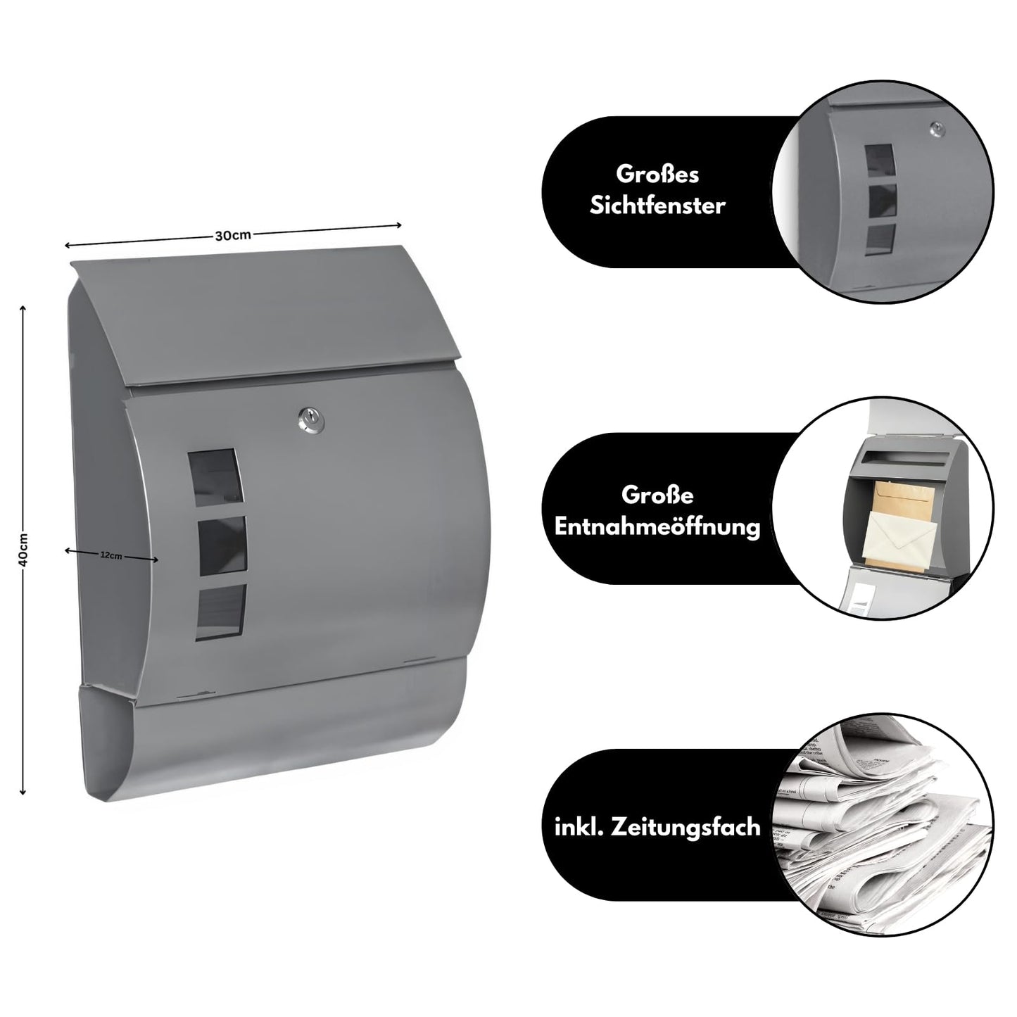 DIVID® Briefkasten (MD006) in Abgerundetem Design Curve | Wandmontage inkl Schrauben und Dübel | Wandbriefkasten inkl. 2 Schlüssel | Moderner Briefkasten zum abschließen | Edelstahl