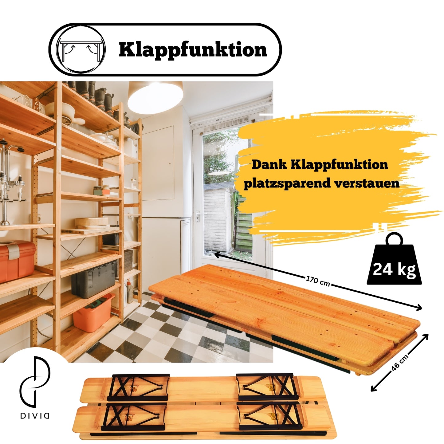 DIVID Bierzeltgarnitur Holz 3-teilges Set|Tisch + 2 Bänke|Für drinnen und draußen|klappbar mit Tragegriffe|HxBxT: 75x170x46cm|Gartentisch (DIV-203/ Holz)