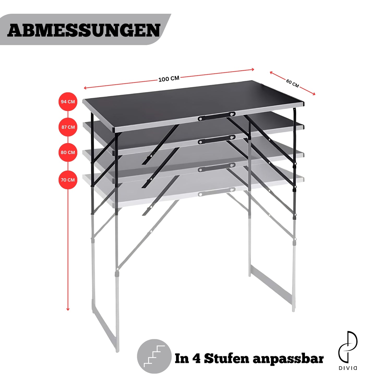 DIVID® Multifunktionstische, 100x60cm, Tapeziertisch 30 kg Tragkraft je Tisch, Klapptisch, Campingtisch, Flohmarkttisch, Beistelltisch, Mehrzwecktisch, Höhenverstellbar, Mahlertisch