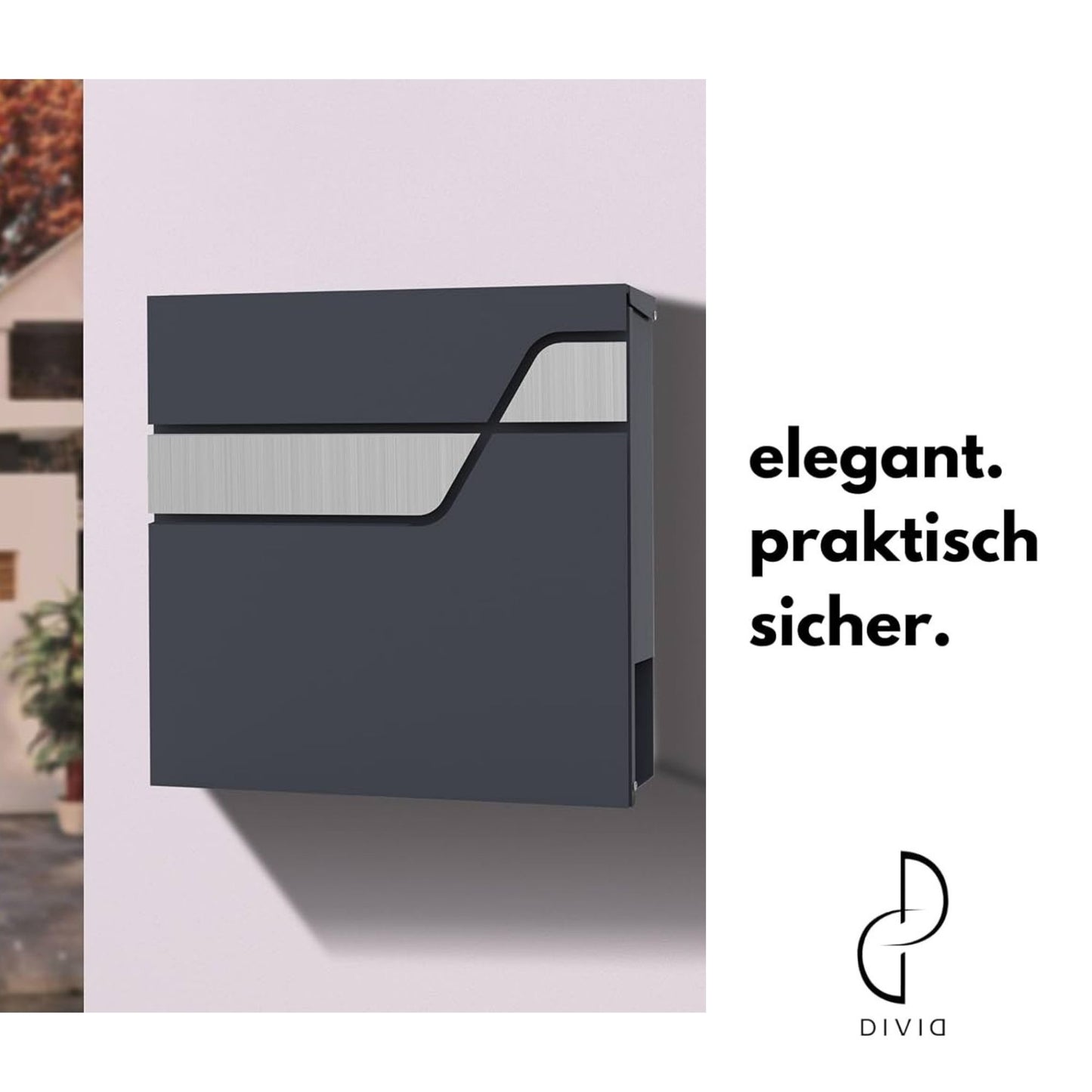 DIVID® Briefkasten (DIV-308) in Modernem Design | Wandmontage inkl Schrauben und Dübel | Wandbriefkasten inkl. 2 Schlüssel | Moderner Briefkasten zum abschließen | Edelstahl
