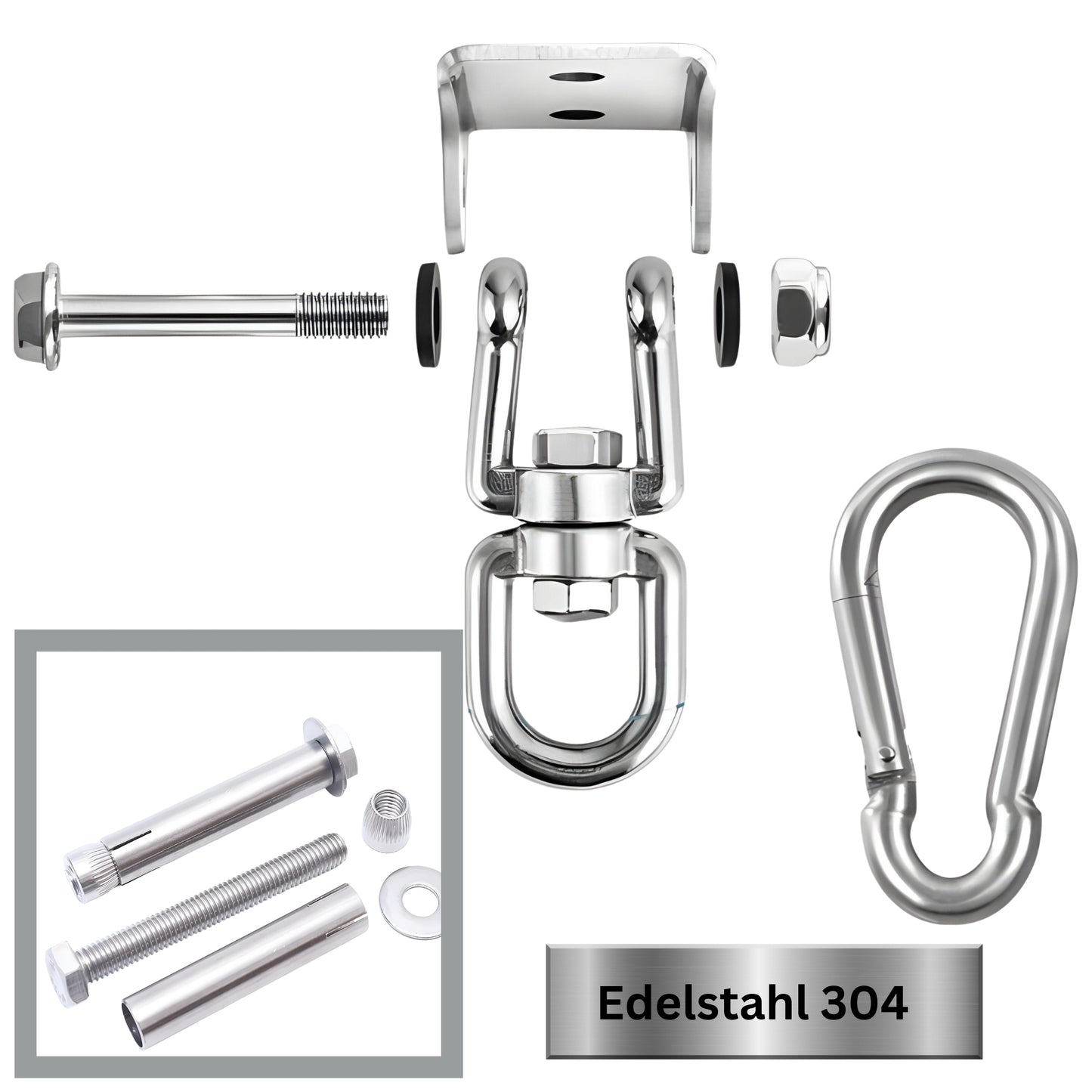DIVID® Deckenhaken Set| Für Beton und holz| Schwerlast bis zu 450Kg| Edelstahl| 360° Drehbar| Für Schaukeln, Hängesessel und Hängematten geeignet| inkl Schrauben und Karabienerhaken