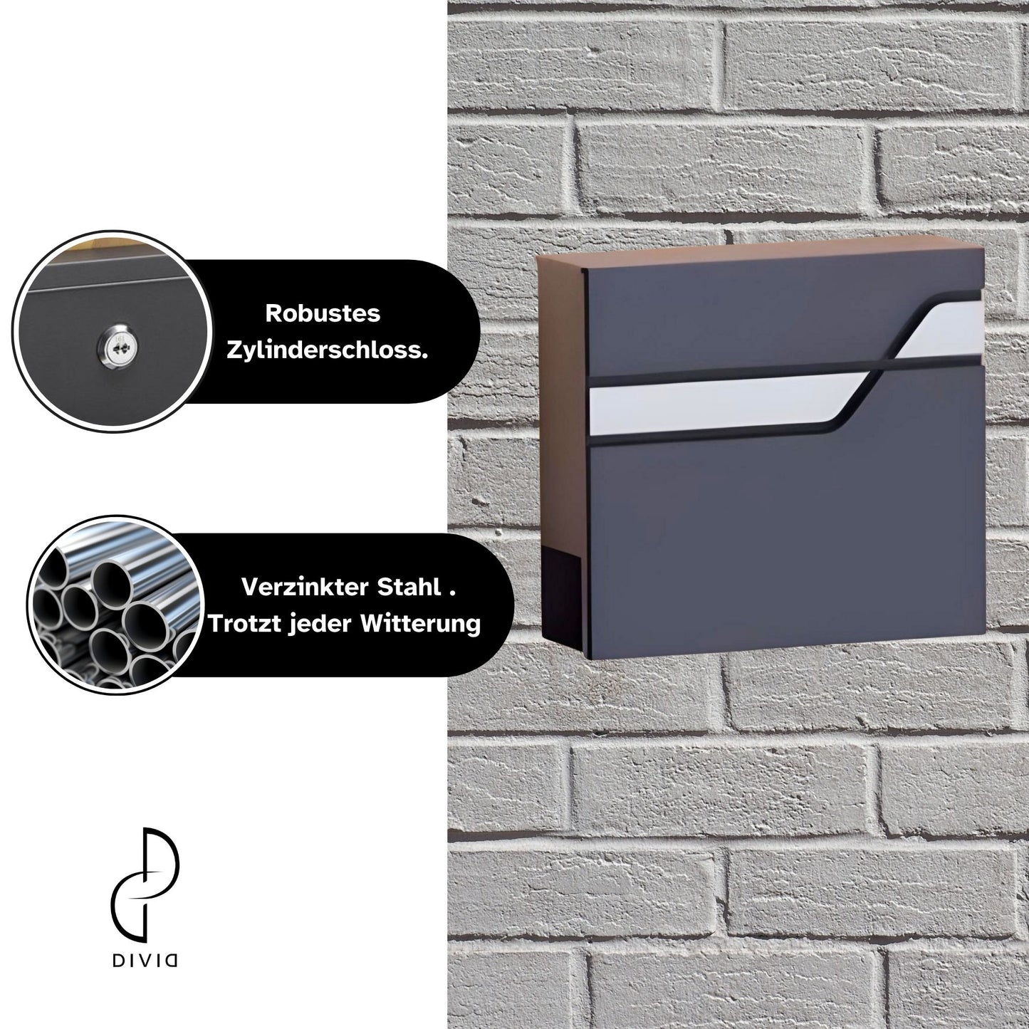 DIVID® Briefkasten (DIV-308) in Modernem Design | Wandmontage inkl Schrauben und Dübel | Wandbriefkasten inkl. 2 Schlüssel | Moderner Briefkasten zum abschließen | Edelstahl