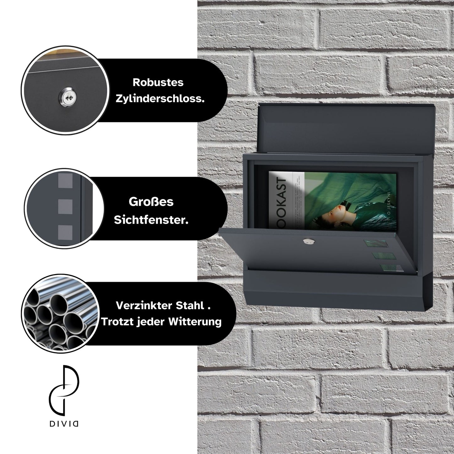 DIVID® Briefkasten (DIV-309) in Modernem Design mit Sichtfenster | Wandmontage inkl Schrauben und Dübel | Wandbriefkasten inkl. 2 Schlüssel | Moderner Briefkasten zum abschließen | Edelstahl