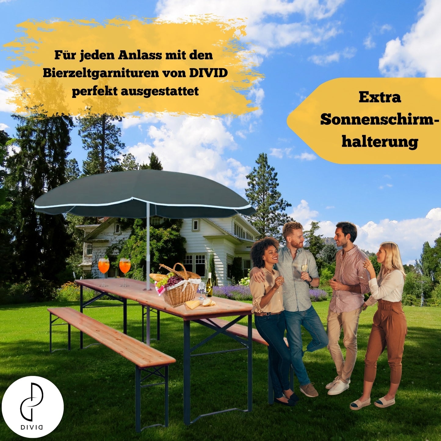 DIVID Bierzeltgarnitur Holz 3-teilges Set|Tisch + 2 Bänke|Für drinnen und draußen|klappbar mit Tragegriffe|HxBxT: 75x170x46cm|Gartentisch (DIV-203/ Holz)