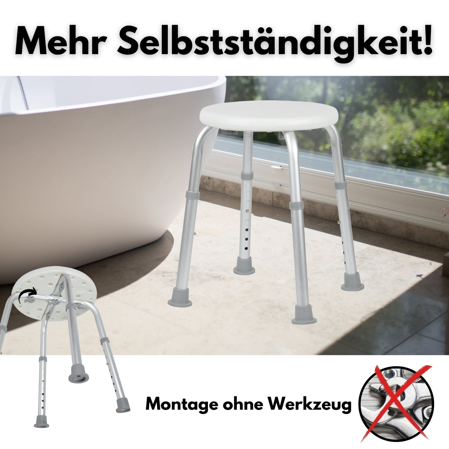 DIVID® Duschhocker DH 001 (S), Duschstuhl, Belastbar 120kg, rutschfeste Gummifüße, Höhenverstellbar, Badhocker mit sicherem Halt, Duschhilfe für Senioren, Duschsitz