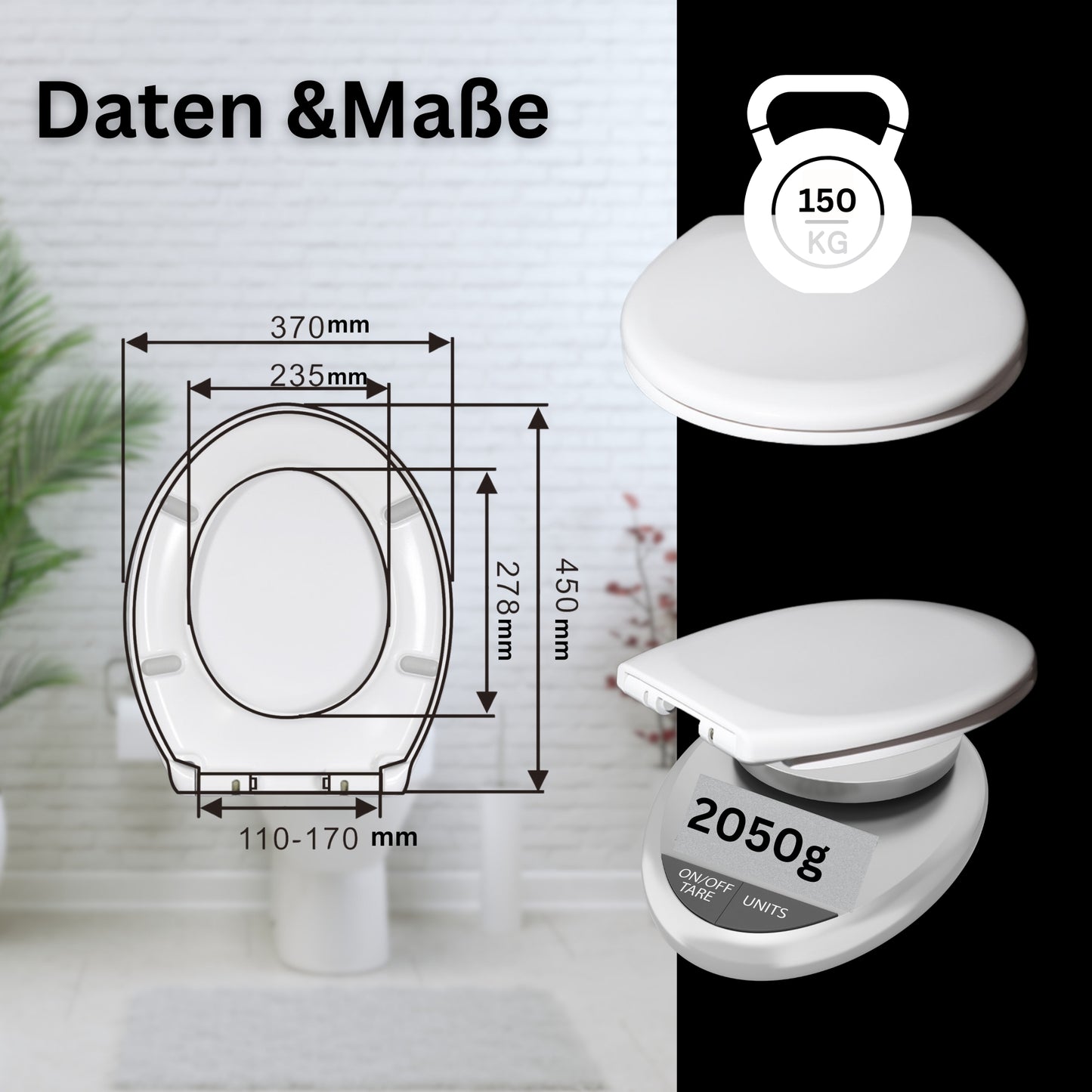 DIVID® Toilettendeckel, WC Sitz mit Absenkautomatik, Quick-Release Funktion, einfache Reinigung, Weiß, Toilettensitz mit verstellbaren Scharnieren, Kunststoff