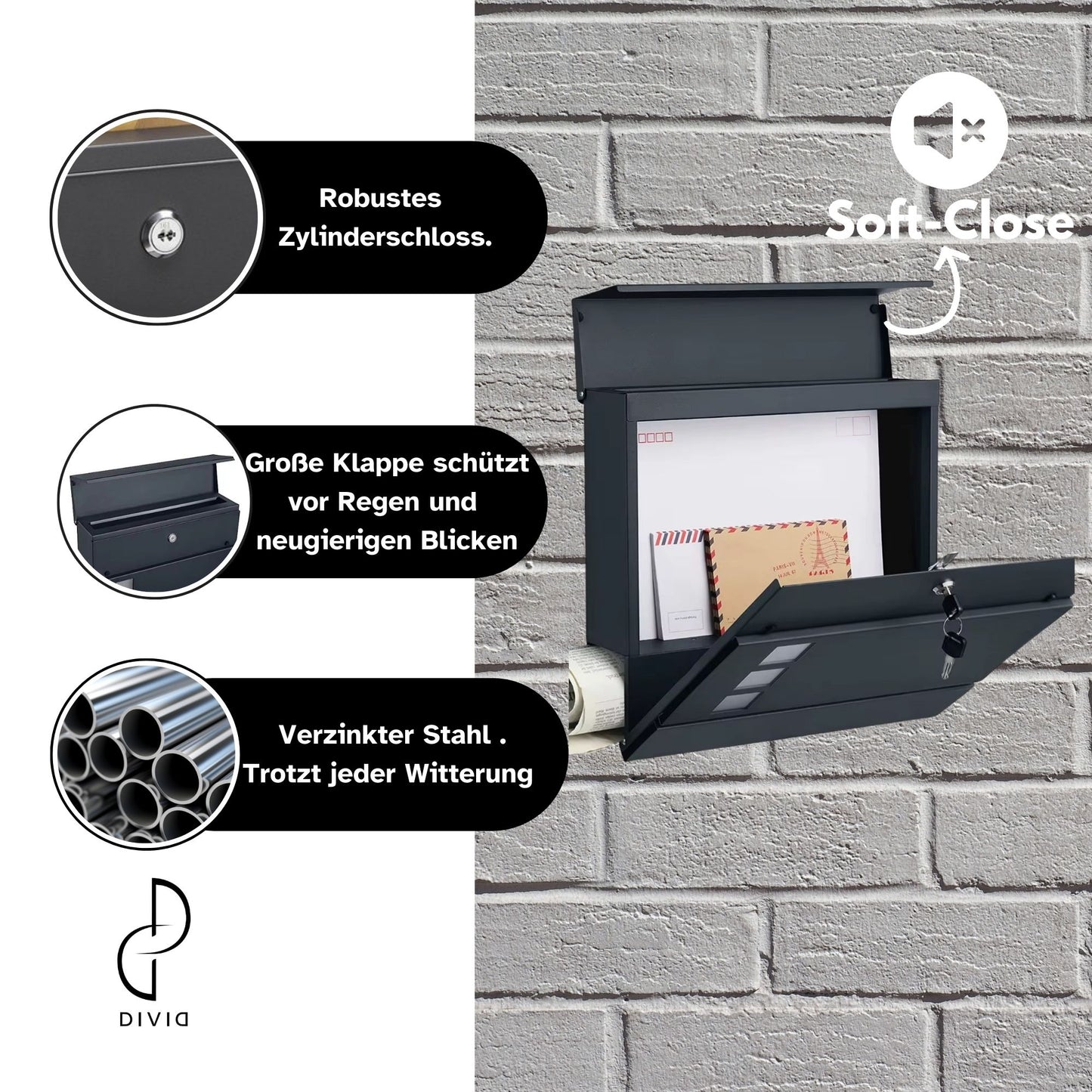 DIVID® Briefkasten (DIV-306) in Modernem Design mit Sichtfenster| Wandmontage inkl Schrauben und Dübel | Wandbriefkasten inkl. 2 Schlüssel | Moderner Briefkasten zum abschließen | Edelstahl