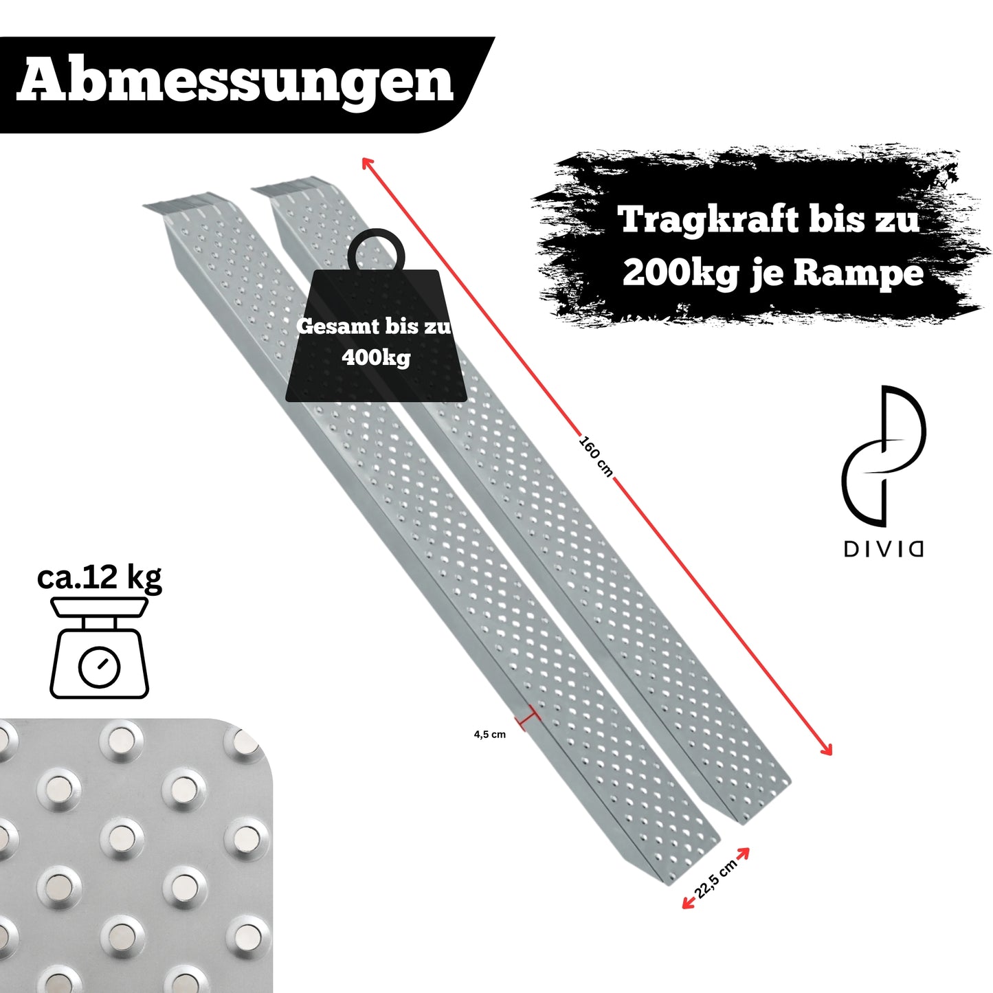DIVID® 2X Auffahrrahrrampe| Laderampe| Verladeschienen| Verzinkter/Galvanisierter Stahl | Anti Rutsch| 200Kg je Schiene| Max 400Kg je Set| Mottorrad Auto Quad ATV
