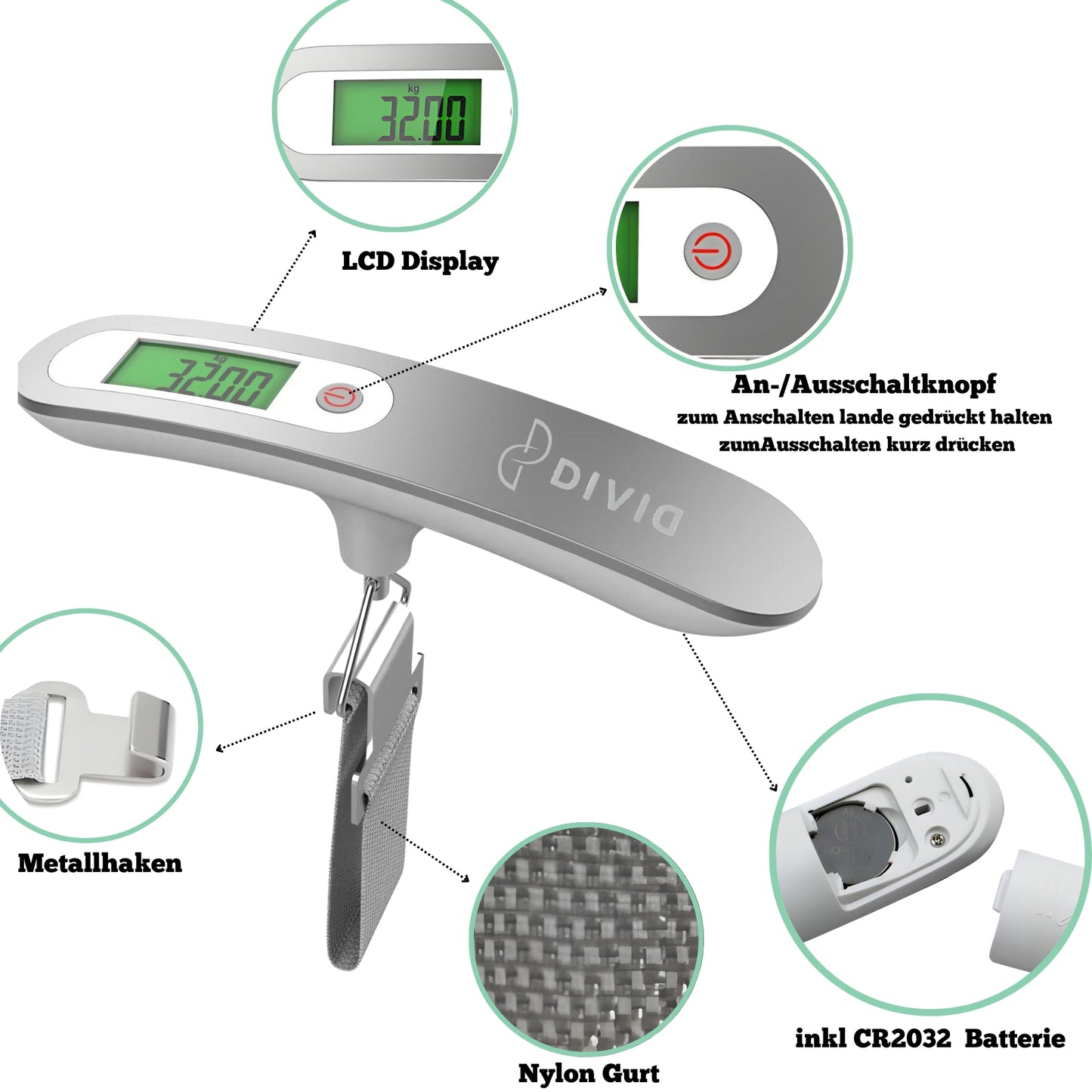 DIVID® Digitale Kofferwaage 2 | Digitale Messwaage | Gepäckwaage mit Haken bis zu 50Kg/110Lbs | Hängewaage | Angeln und Reisen | Travelscale