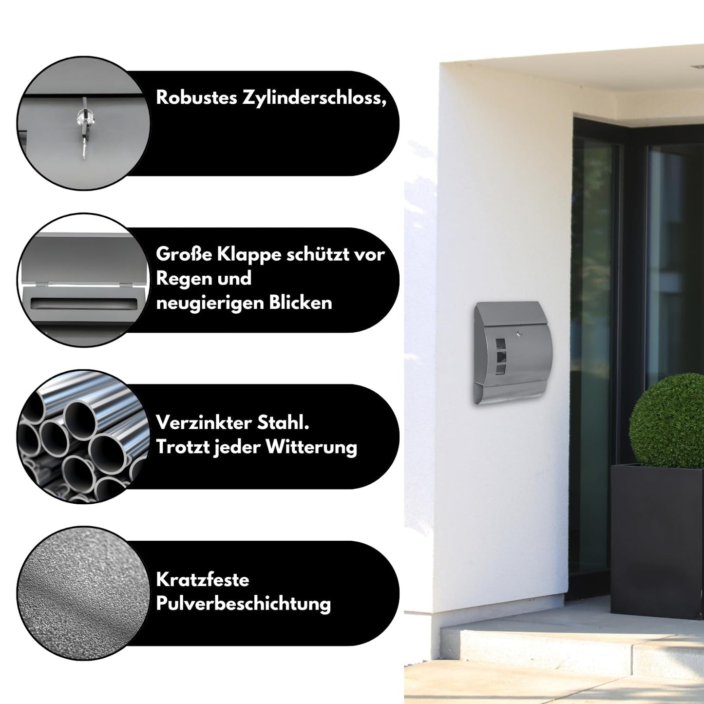 DIVID® Briefkasten (MD006) in Abgerundetem Design Curve | Wandmontage inkl Schrauben und Dübel | Wandbriefkasten inkl. 2 Schlüssel | Moderner Briefkasten zum abschließen | Edelstahl