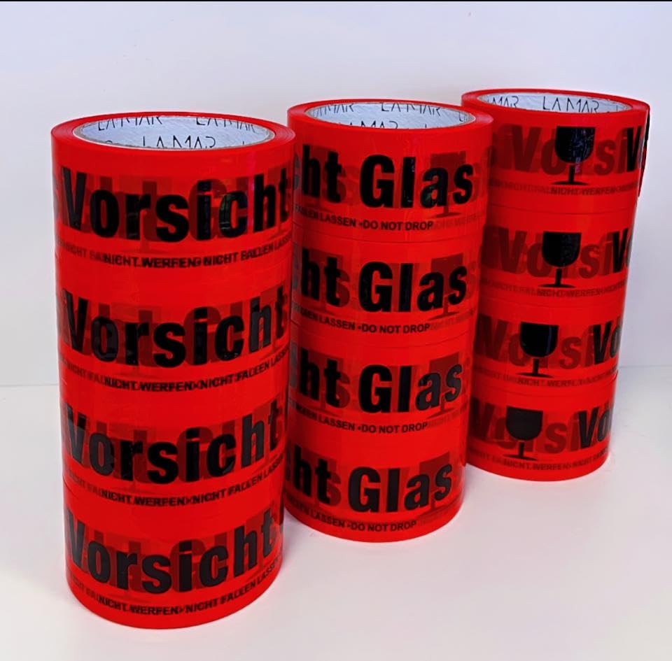 LaMar® 6 Rollen- Paketklebeband - VORSICHT GLAS BAND - Klebeband - Verpackungsband - Packband - Kartonband - Verpackungsmaterial - Rot | 60m