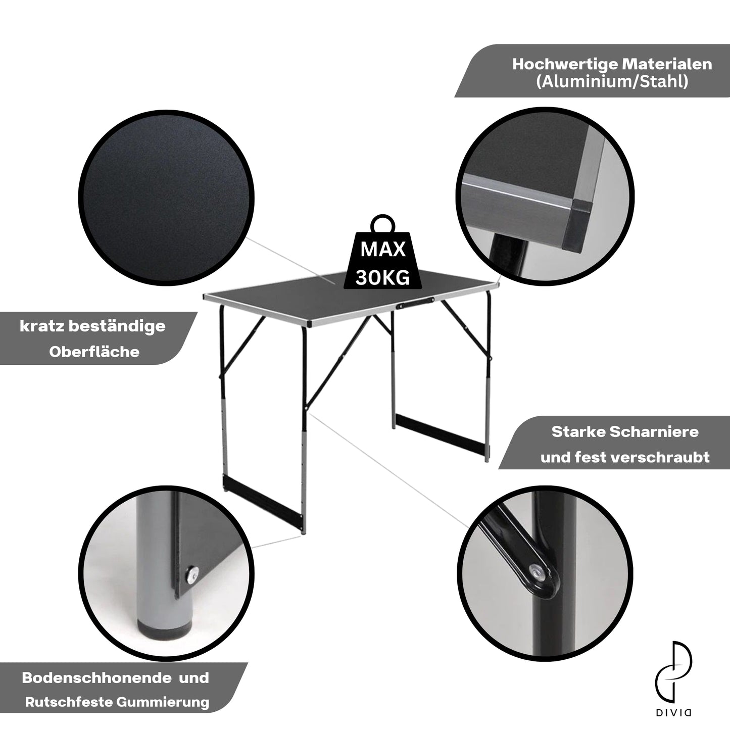 DIVID® Multifunktionstische, 100x60cm, Tapeziertisch 30 kg Tragkraft je Tisch, Klapptisch, Campingtisch, Flohmarkttisch, Beistelltisch, Mehrzwecktisch, Höhenverstellbar, Mahlertisch