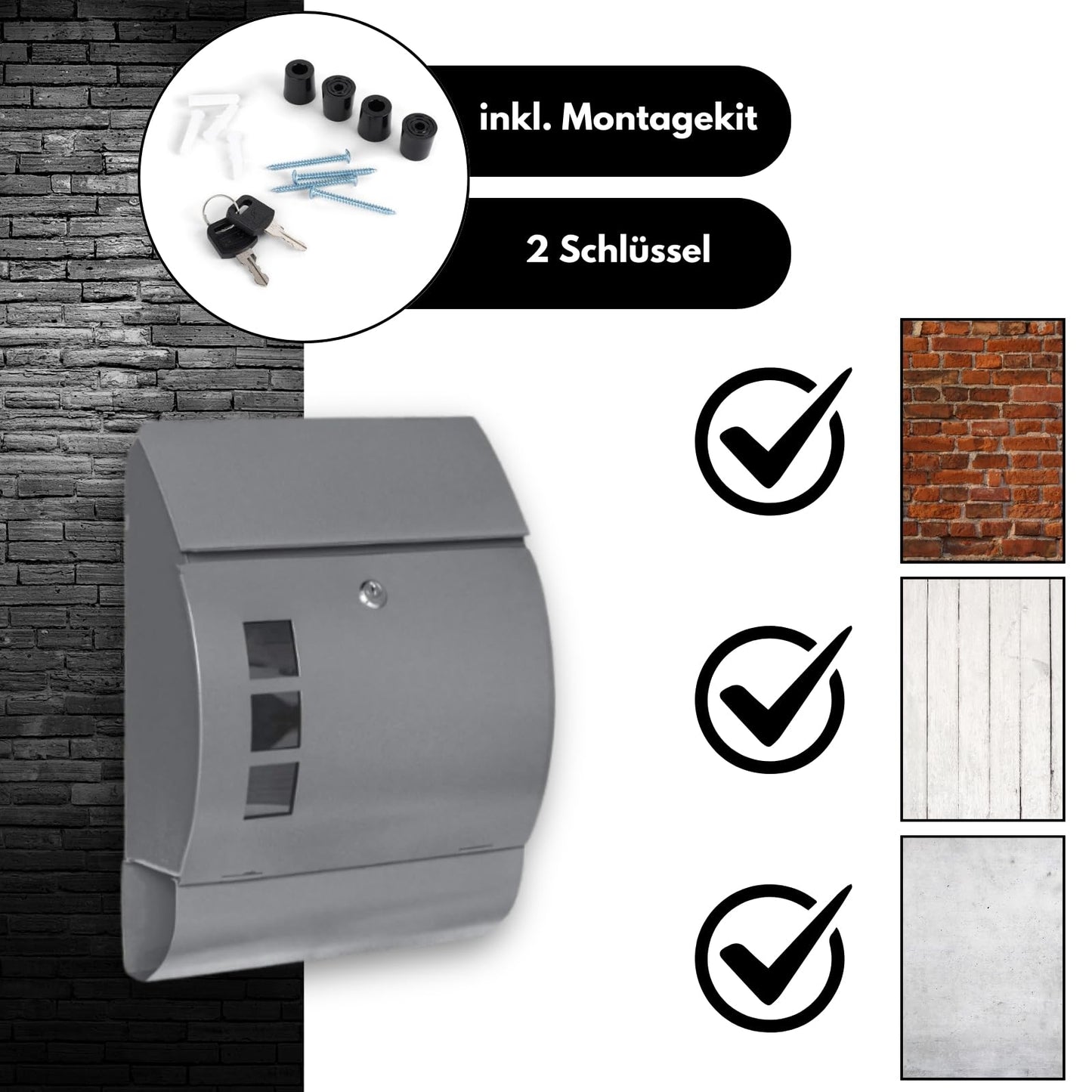 DIVID® Briefkasten (MD006) in Abgerundetem Design Curve | Wandmontage inkl Schrauben und Dübel | Wandbriefkasten inkl. 2 Schlüssel | Moderner Briefkasten zum abschließen | Edelstahl