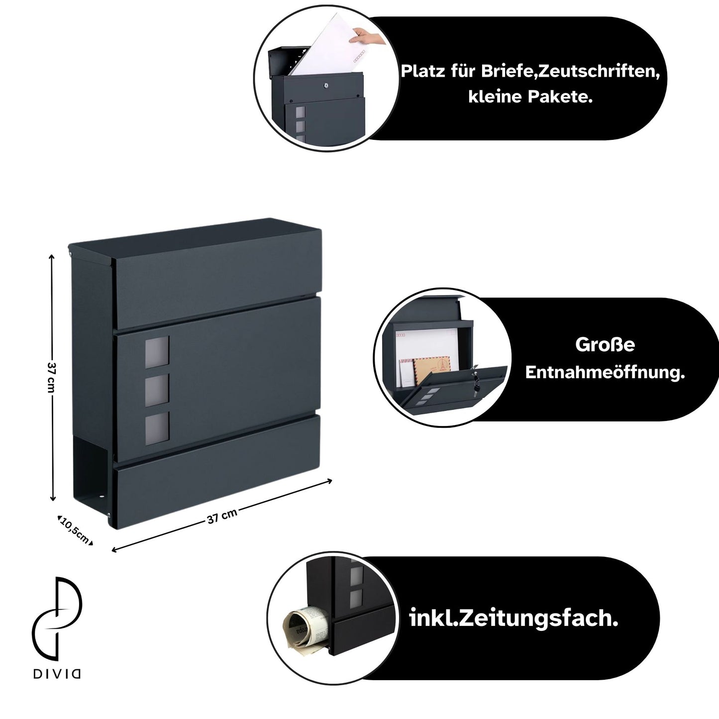 DIVID® Briefkasten (DIV-306) in Modernem Design mit Sichtfenster| Wandmontage inkl Schrauben und Dübel | Wandbriefkasten inkl. 2 Schlüssel | Moderner Briefkasten zum abschließen | Edelstahl