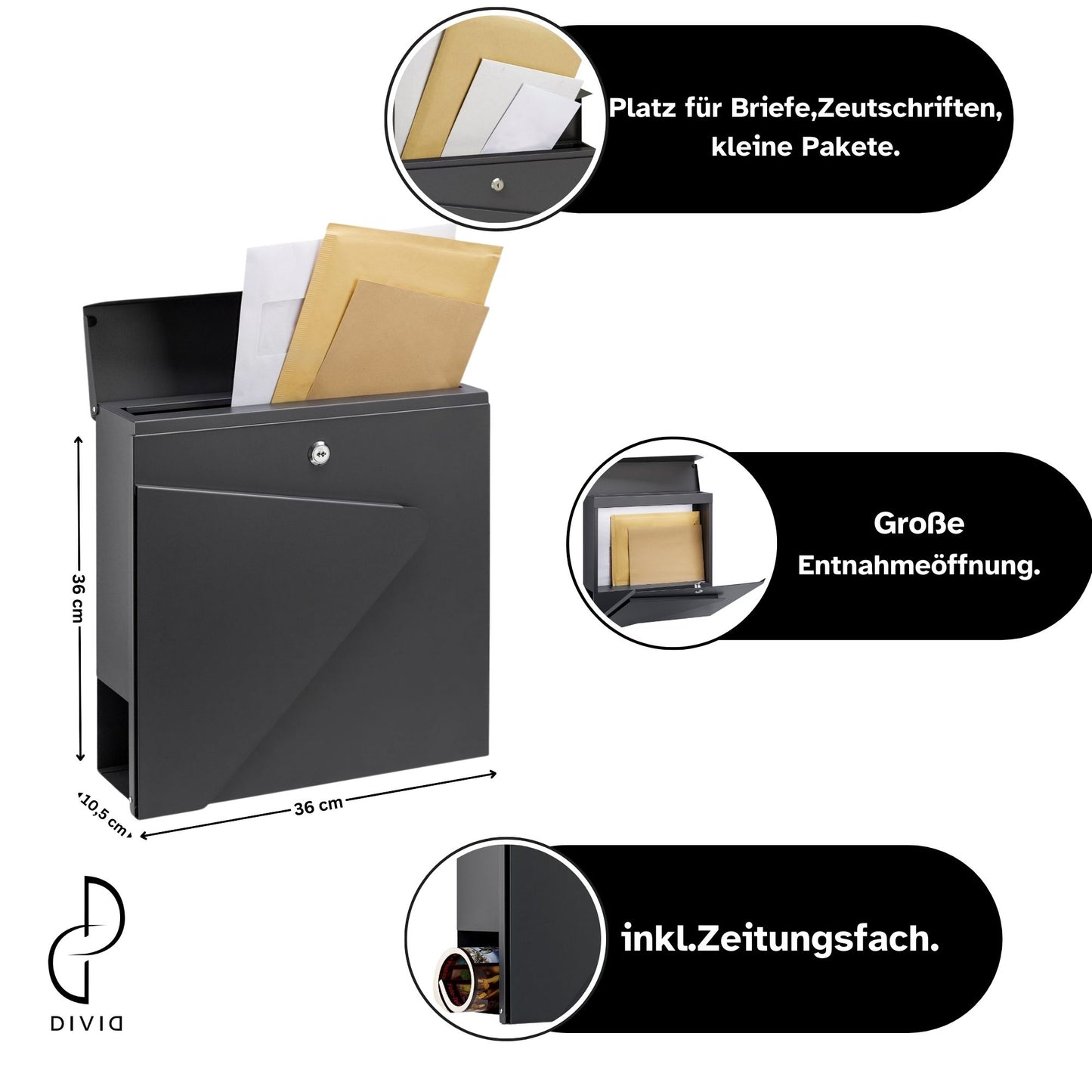 DIVID® Briefkasten (DIV-307) in Modernem Design| Wandmontage inkl Schrauben und Dübel | Wandbriefkasten inkl. 2 Schlüssel | Moderner Briefkasten zum abschließen | Edelstahl
