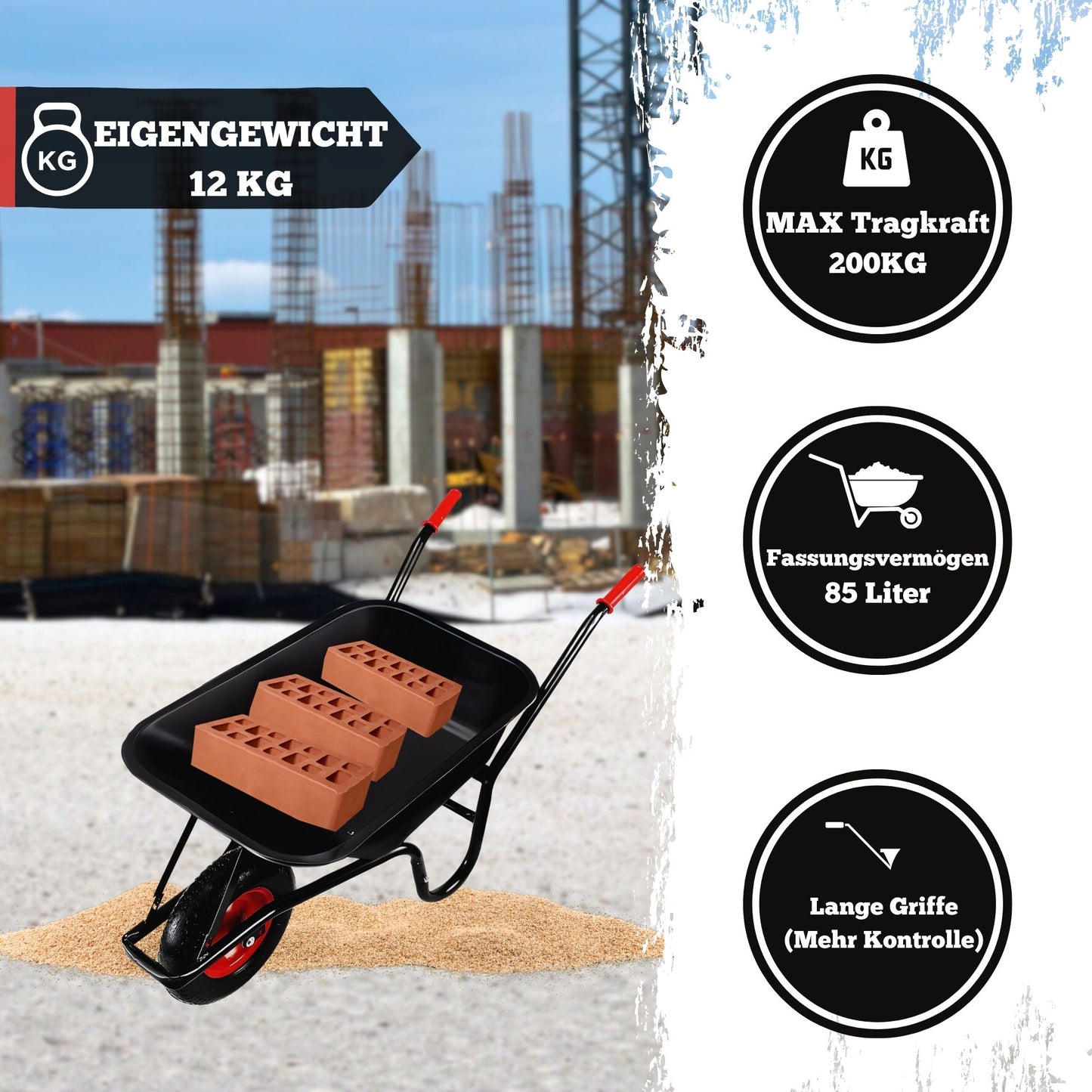 DIVID® Schubkarre 250Kg | Luftreifen mit Stahlfelgen | Schiebkarre | Bauschubkarre | Gartenschubkarre | Transportkarre mit robustem Stahlrahmen