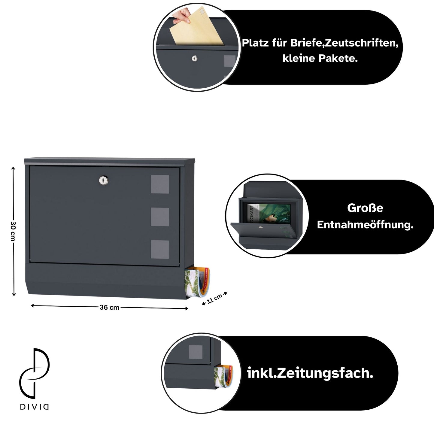 DIVID® Briefkasten (DIV-309) in Modernem Design mit Sichtfenster | Wandmontage inkl Schrauben und Dübel | Wandbriefkasten inkl. 2 Schlüssel | Moderner Briefkasten zum abschließen | Edelstahl