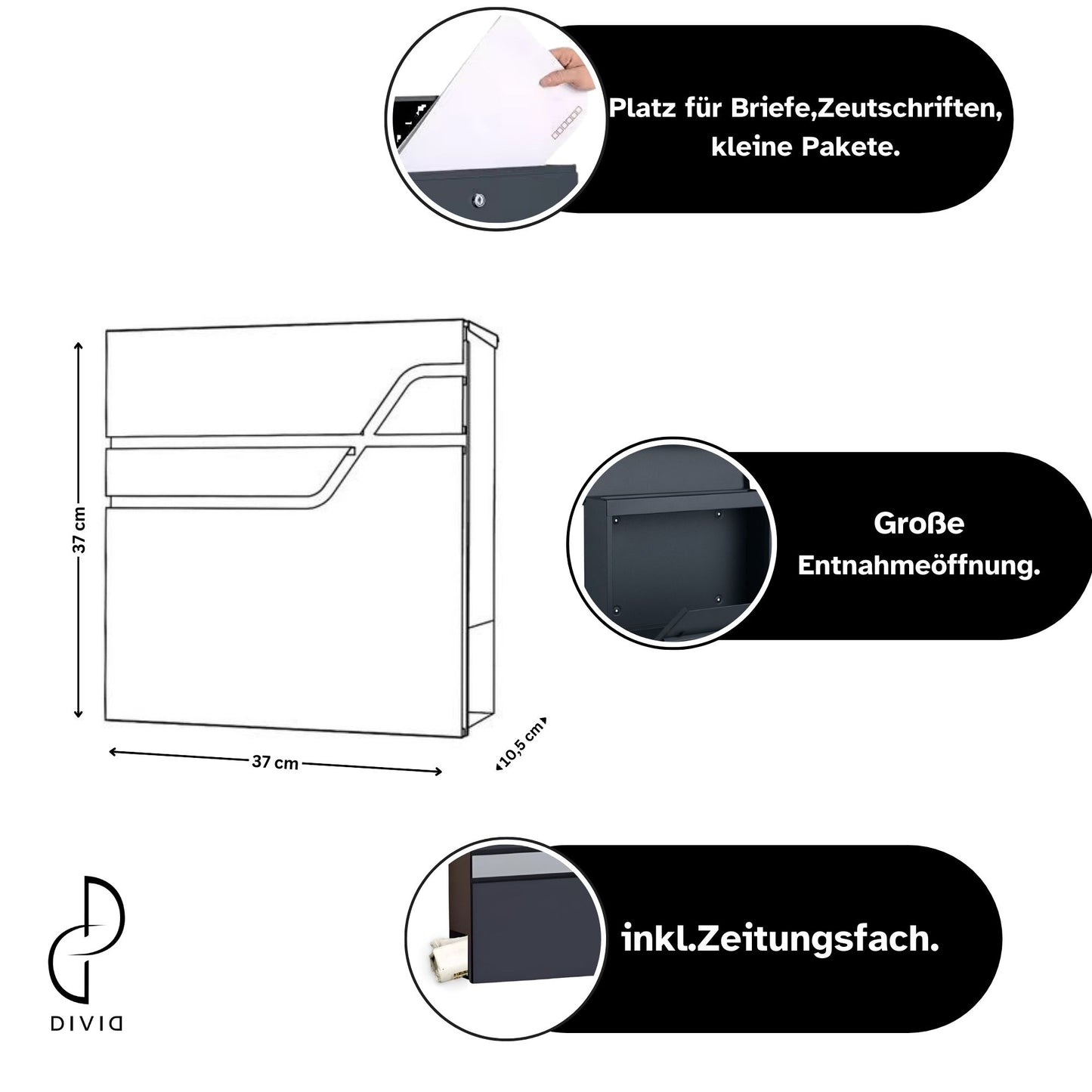 DIVID® Briefkasten (DIV-308) in Modernem Design | Wandmontage inkl Schrauben und Dübel | Wandbriefkasten inkl. 2 Schlüssel | Moderner Briefkasten zum abschließen | Edelstahl