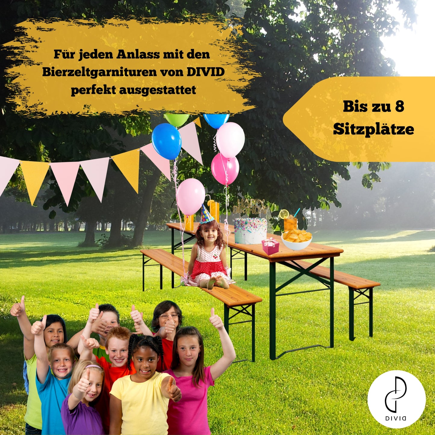 DIVID Bierzeltgarnitur Holz 3-teilges Set|Tisch + 2 Bänke|Für drinnen und draußen|klappbar mit Tragegriffe|HxBxT: 75x170x46cm|Gartentisch (DIV-203/ Holz)