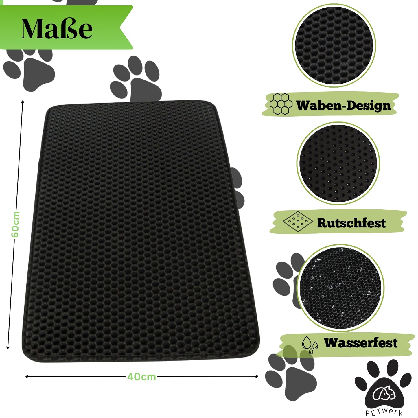PETWERK® Katzenklo Matte| Katzenklo Vorleger 60x40 | Katzenmatte| Unterleger im Wabendesign| Wasserdicht|