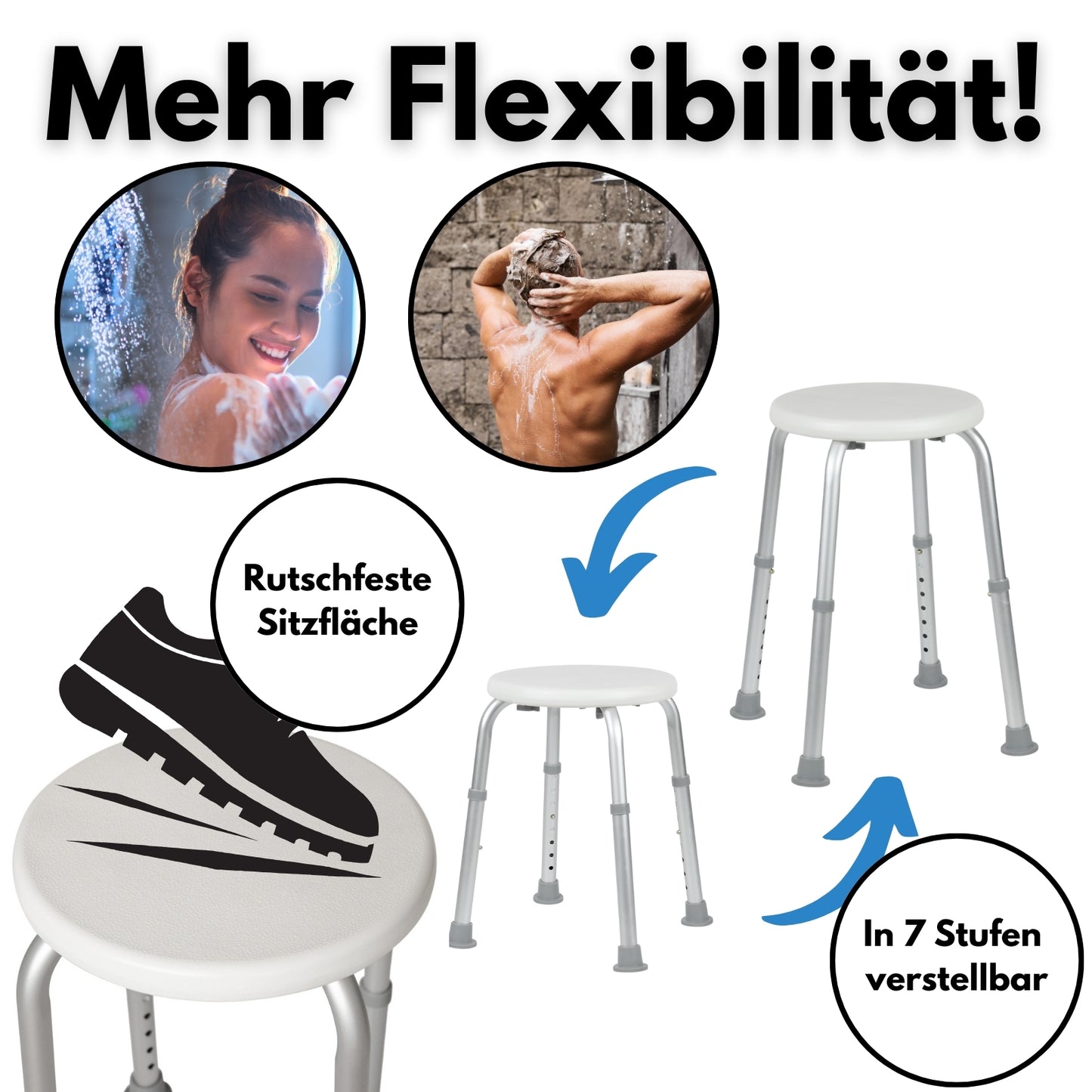 DIVID® Duschhocker DH 001 (S), Duschstuhl, Belastbar 120kg, rutschfeste Gummifüße, Höhenverstellbar, Badhocker mit sicherem Halt, Duschhilfe für Senioren, Duschsitz