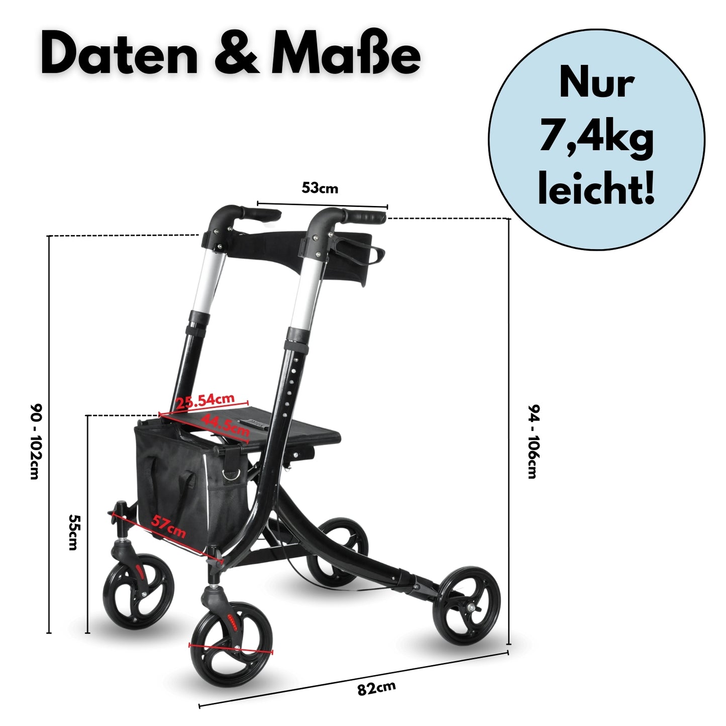 DIVID® Rollator aus Aluminium 1005E Schwarz, Leichtgewicht ideal für Reisen, klappbar, Höhenverstellbar, Gehwagen,Gehhilfe, Praktische Tragetasche,Reflektoren