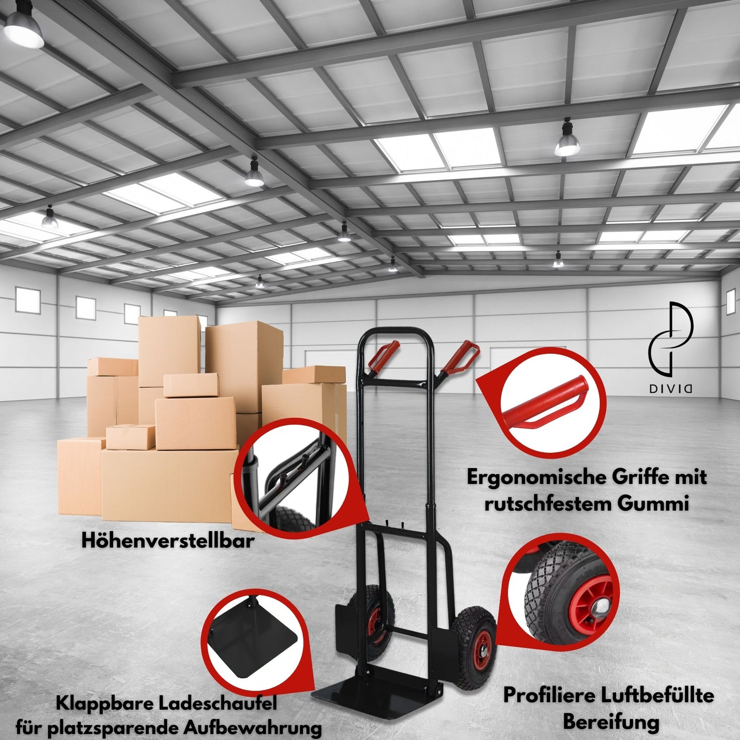 DIVID® Klappbare Sackkarre max. 200Kg, Stahl, ergonomisch Transporter für Umzüge, Lager und Einkäufe