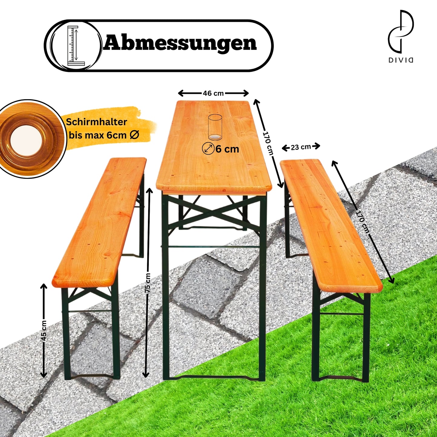 DIVID Bierzeltgarnitur Holz 3-teilges Set|Tisch + 2 Bänke|Für drinnen und draußen|klappbar mit Tragegriffe|HxBxT: 75x170x46cm|Gartentisch (DIV-203/ Holz)