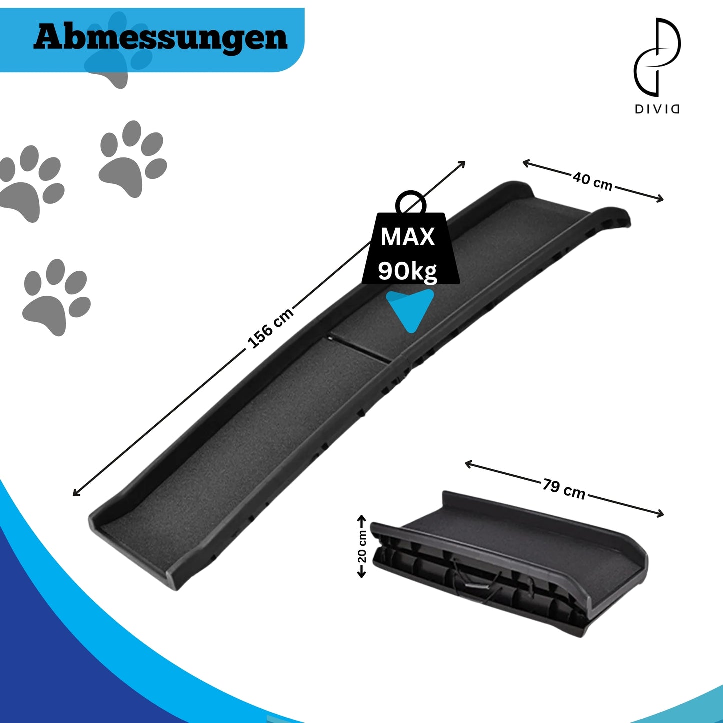 DIVID® Hunderampe Klappbar, Hundetreppe, Hundeautorampe, kofferraumrampe für Hunde und Katzen, bis zu 90 Kg Belastbarkeit, rutschfest und Stabil, Einstiegshilfe, Auto Besuche den DIVID-Store