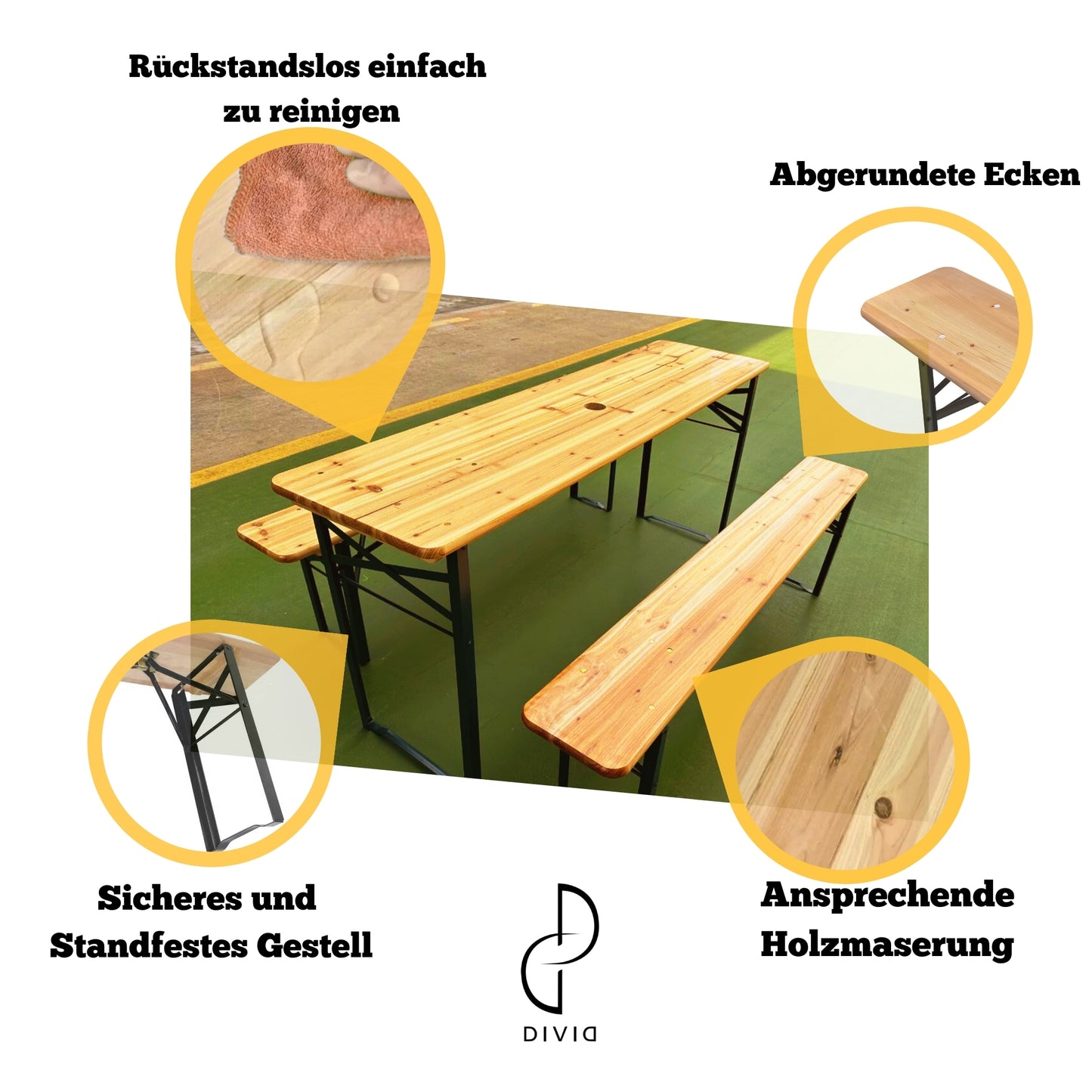 DIVID Bierzeltgarnitur Holz 3-teilges Set|Tisch + 2 Bänke|Für drinnen und draußen|klappbar mit Tragegriffe|HxBxT: 75x170x46cm|Gartentisch (DIV-203/ Holz)