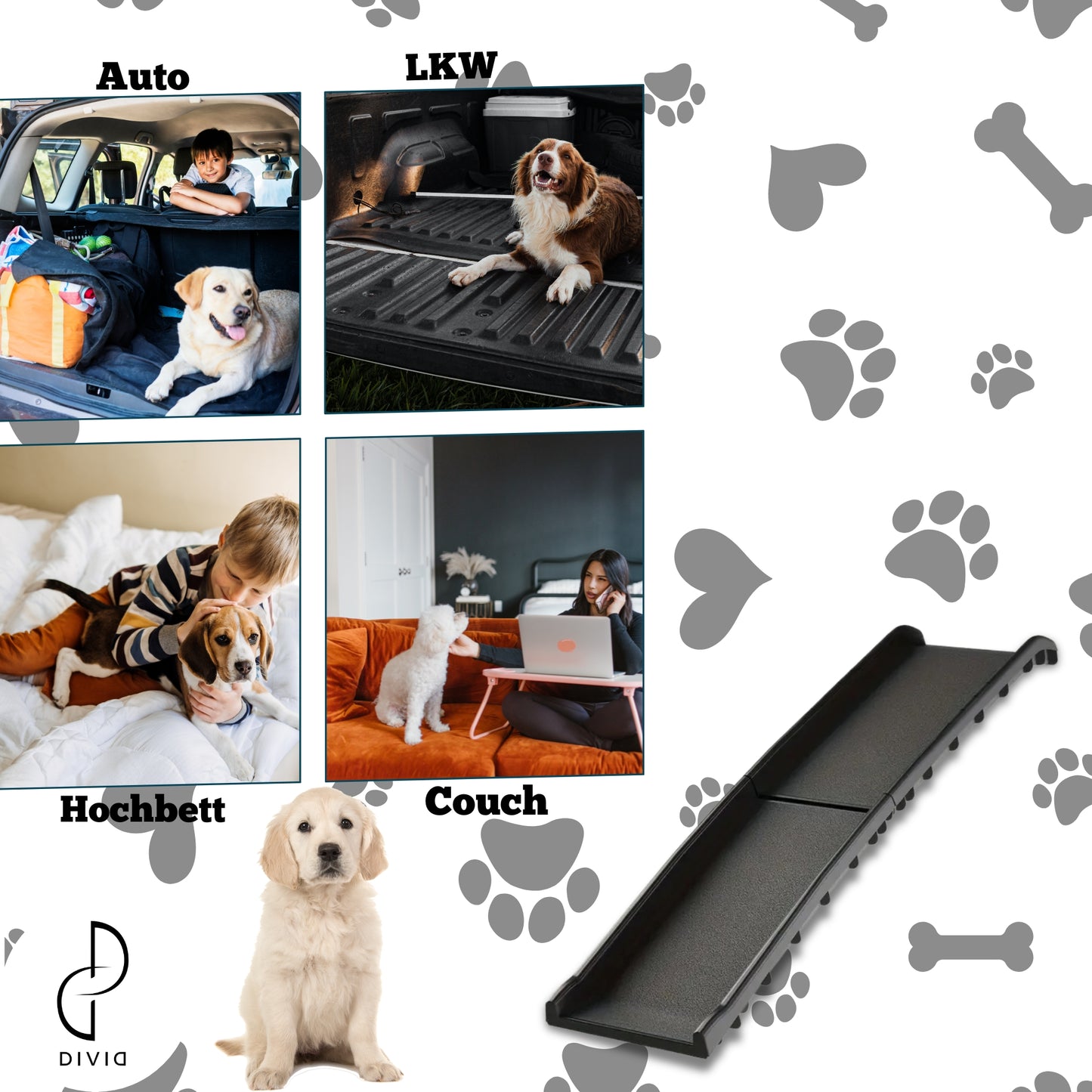 DIVID® Hunderampe Klappbar, Hundetreppe, Hundeautorampe, kofferraumrampe für Hunde und Katzen, bis zu 90 Kg Belastbarkeit, rutschfest und Stabil, Einstiegshilfe, Auto Besuche den DIVID-Store