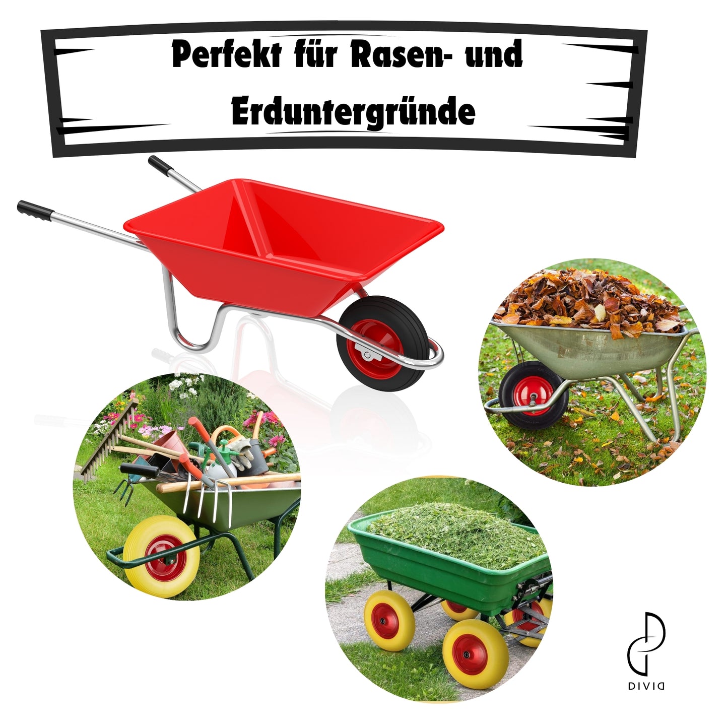 DIVID® Schubkarrenrad PU Vollgummiertes Ersatzrad, Pannensicher, Ersatzrad, Vollgummireifen,4.80/4.00-8 Ø 390mm Durchmesser auf Stahlfelge