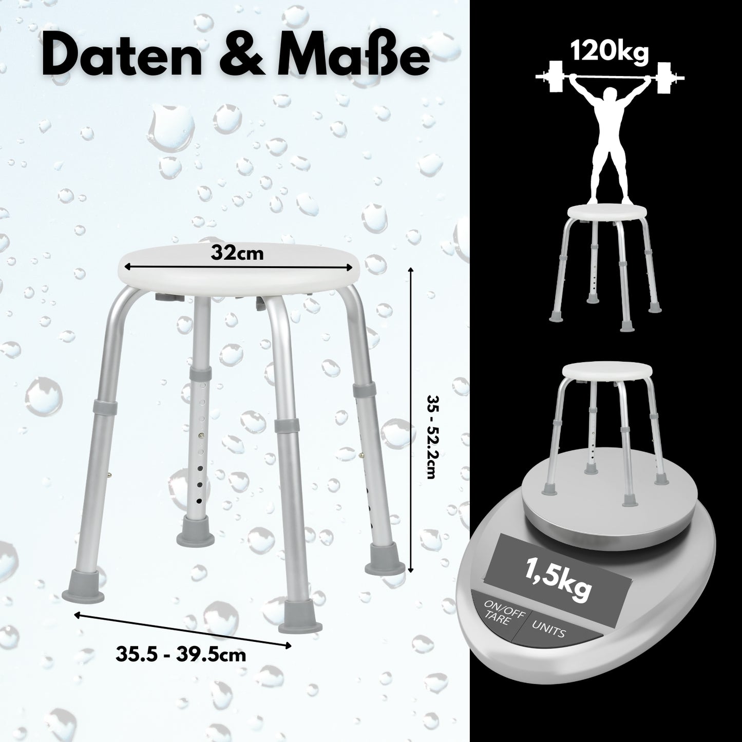 DIVID® Duschhocker DH 001 (S), Duschstuhl, Belastbar 120kg, rutschfeste Gummifüße, Höhenverstellbar, Badhocker mit sicherem Halt, Duschhilfe für Senioren, Duschsitz