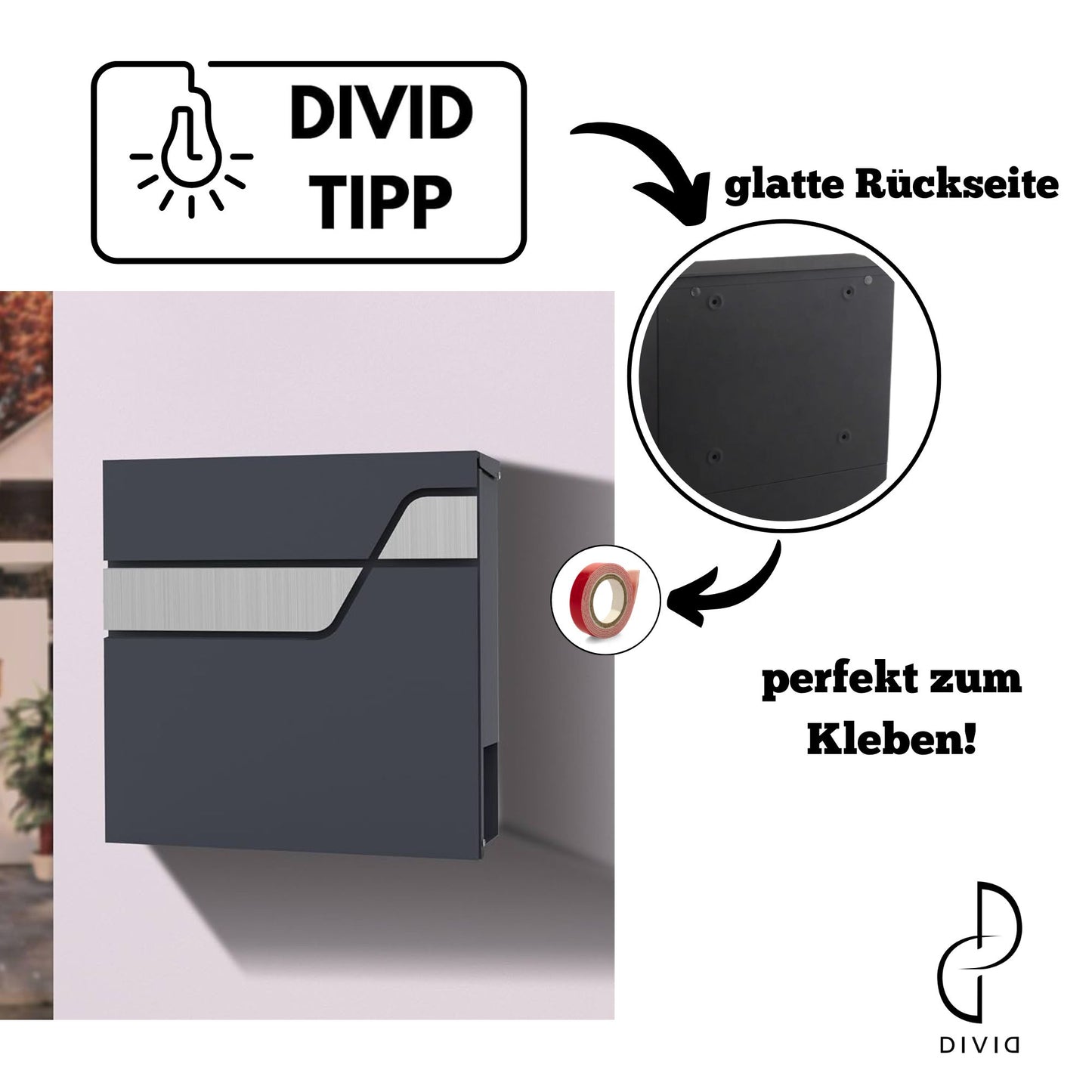 DIVID® Briefkasten (DIV-308) in Modernem Design | Wandmontage inkl Schrauben und Dübel | Wandbriefkasten inkl. 2 Schlüssel | Moderner Briefkasten zum abschließen | Edelstahl