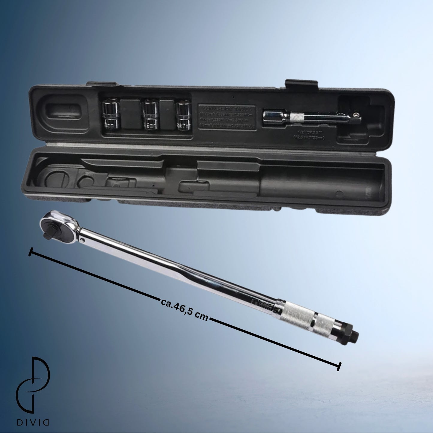 DIVID® Drehmomentschlüssel, 6-teiliges Set inkl Aufbewahrungsbox, inkl 3 Stecknüssen und Verlägerung, TÜV Süd GS 1/2" Zoll CrV