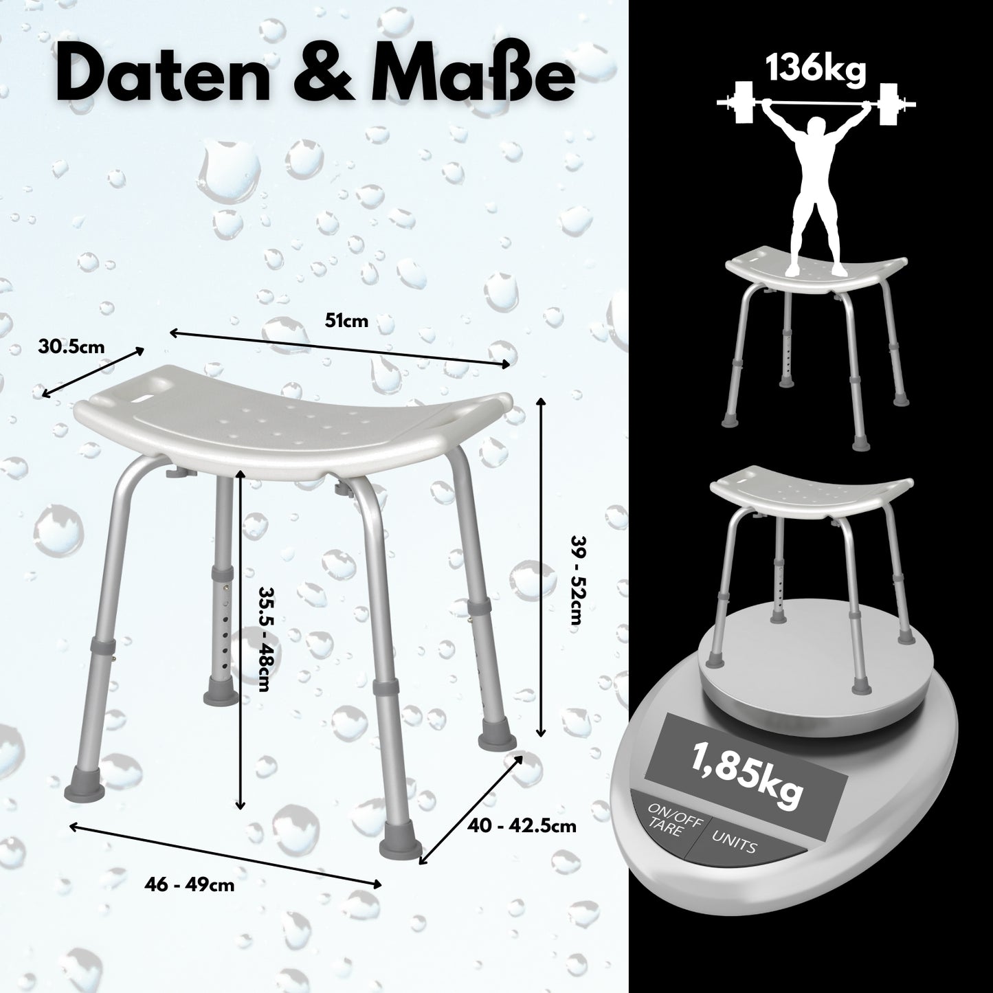 DIVID® Duschhocker Weiß DH-002 (S), Rutschfester Duschsitz, Rechteckig, Badesitz, Badesitz, Duschhilfe, Höhenverstellbar, Anti-Rutsch Duschstuhl