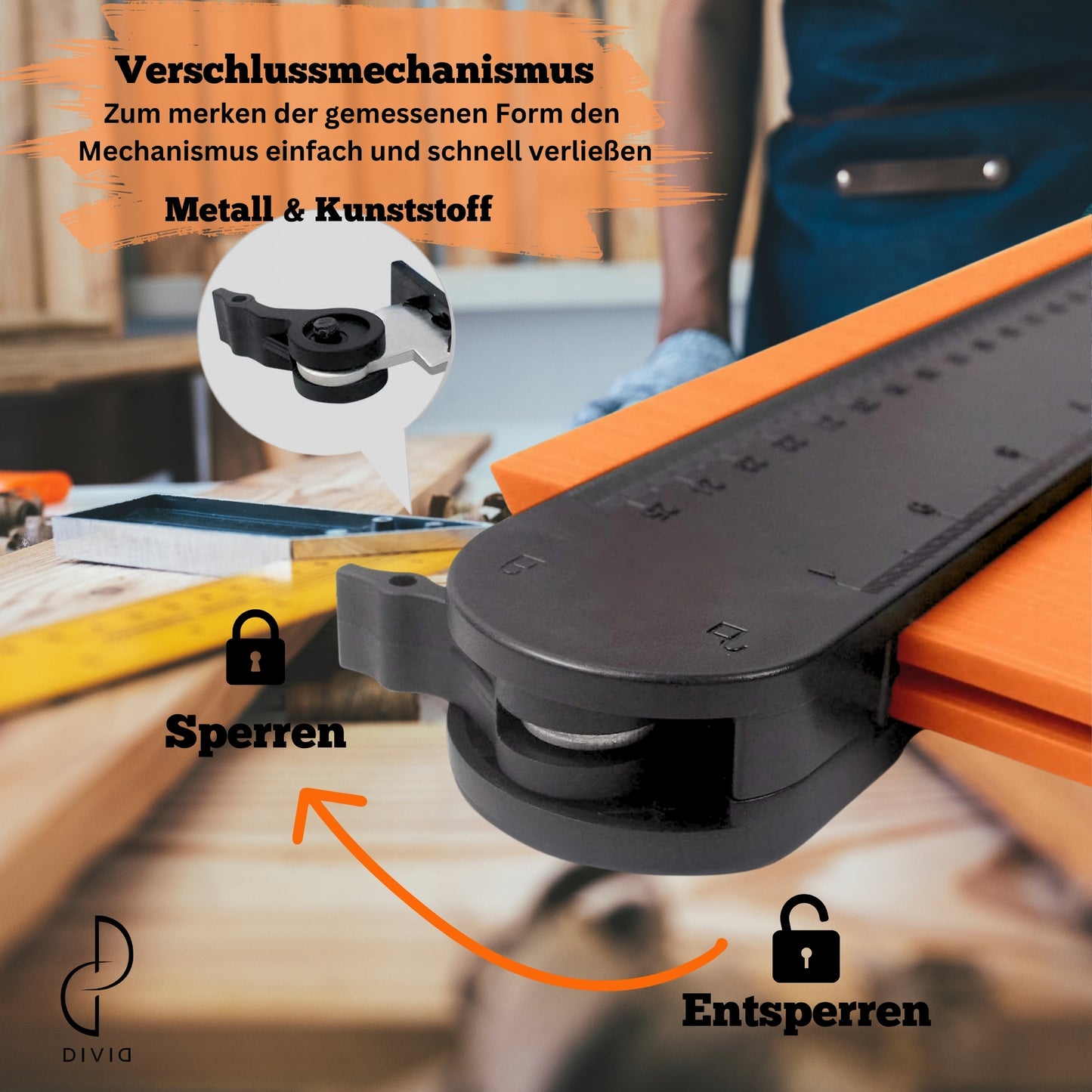 DIVID® Kontourenlehre, Duplikator Schablone mit integriertem Lineal, Kontorenlehre mit Feststeller, Vervielfältigungslehre, Profillehre, Holzbearbeitung (5 & 10 Zoll)